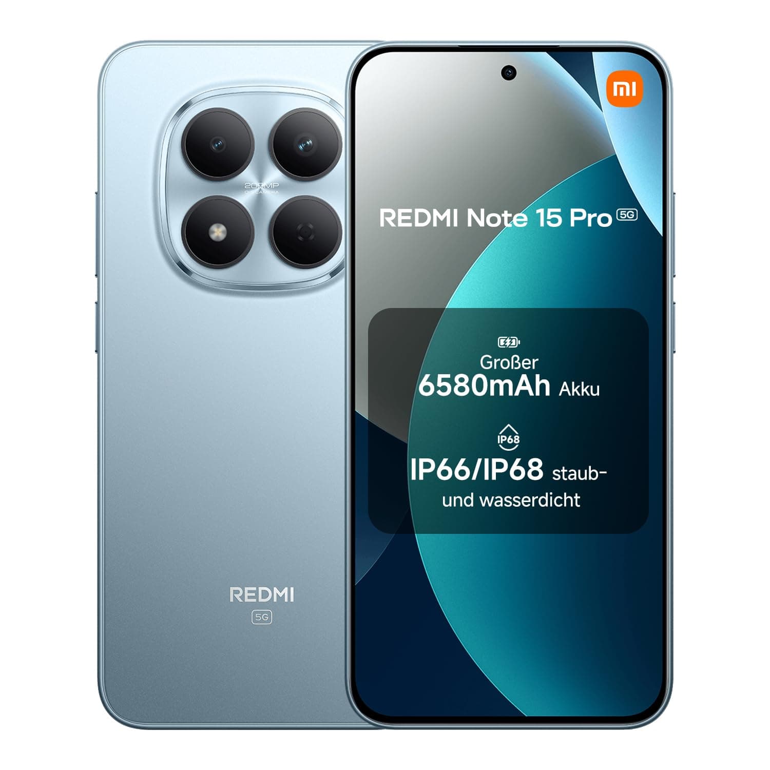 XIAOMI Redmi Note 15 Pro 5G Smartphone (12+512 GB) – 6580-mAh-Akku, IP66/IP68 Staub- und Wasserschutz, Neue 200-MP-Kamera, 6,83" AMOLED-Display, Gletscherblau, 2 Jahre Garantie,