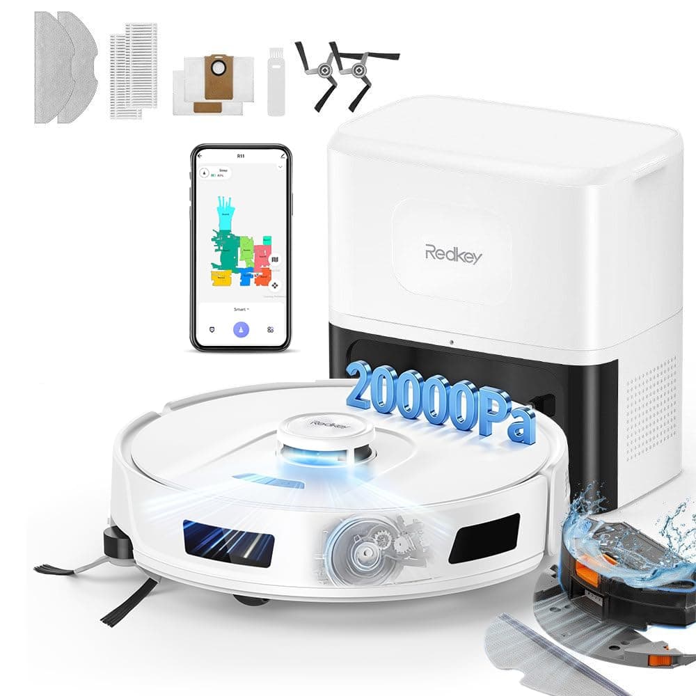 Redkey R11 Robot Aspirapolvere Lavapavimenti con Mappatura, 20000Pa Aspirazione, 4L Stazione Autopulente, Anti-Groviglio Capelli, Aspirapolvere Robot Lavapavimenti per Tappeti/Peli/Animali