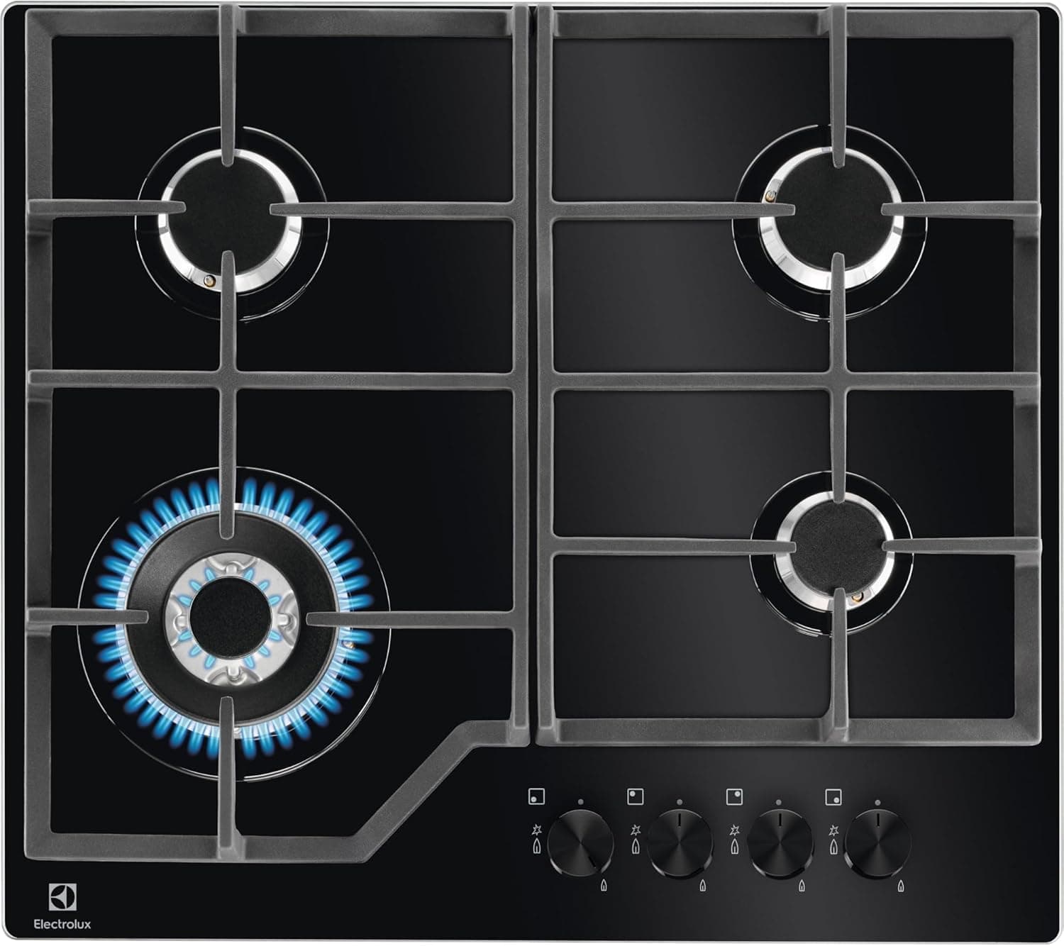 Electrolux Piano Cottura Gas EGM6343YAK Serie 600 Gas on Glass 60cm da Incasso, 4 Fuochi, Bruciatore Wok, Precisa Regolazione della Fiamma, Semplice da Pulire, Sicurezza Sicurgas, 590x520cm, Nero