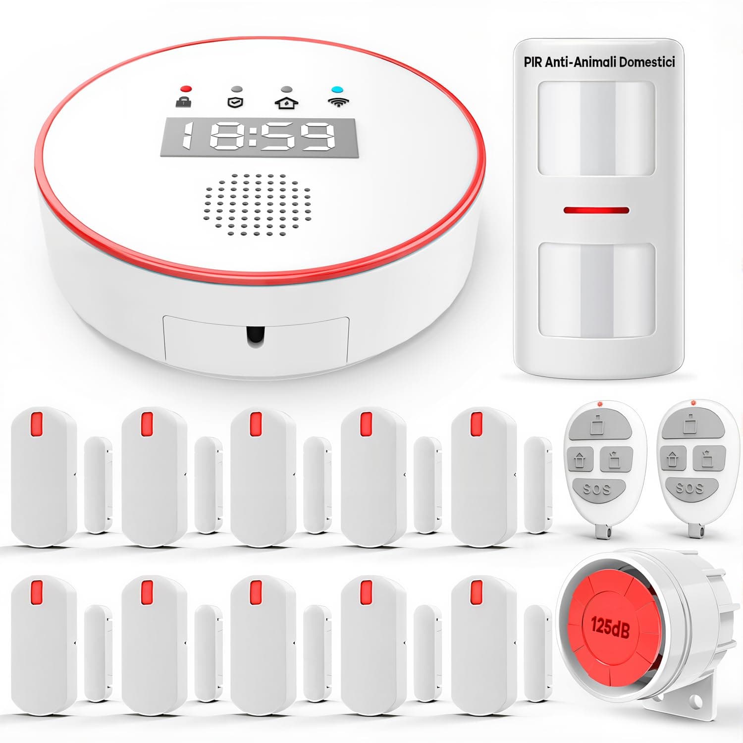 YISEELE Allarme Casa Senza Fili: Antifurto casa connettività 5 GHz Wi-Fi - Incluso 1 Sirena 125DB - 1 Pet Immunity PIR - 10 Sensori Porta/Finestra - 2 Telecomandi - 1 Hub - Compatibile Alexa & Google