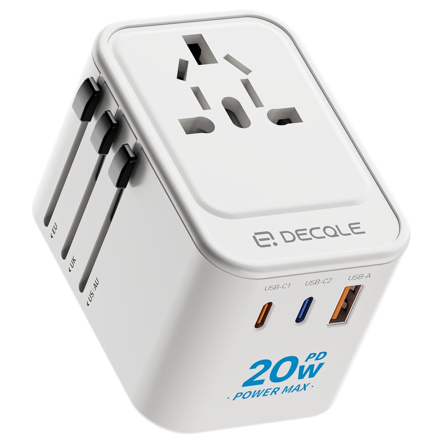 decqle Adaptateur Prise Universelle, Adaptateur Voyage International avec 2 Ports USB-C(PD 20W) ＆ 1 USB-A, Concerner France vers USA, UK, EU, AU ＆ 224+ Pays (Blanc)