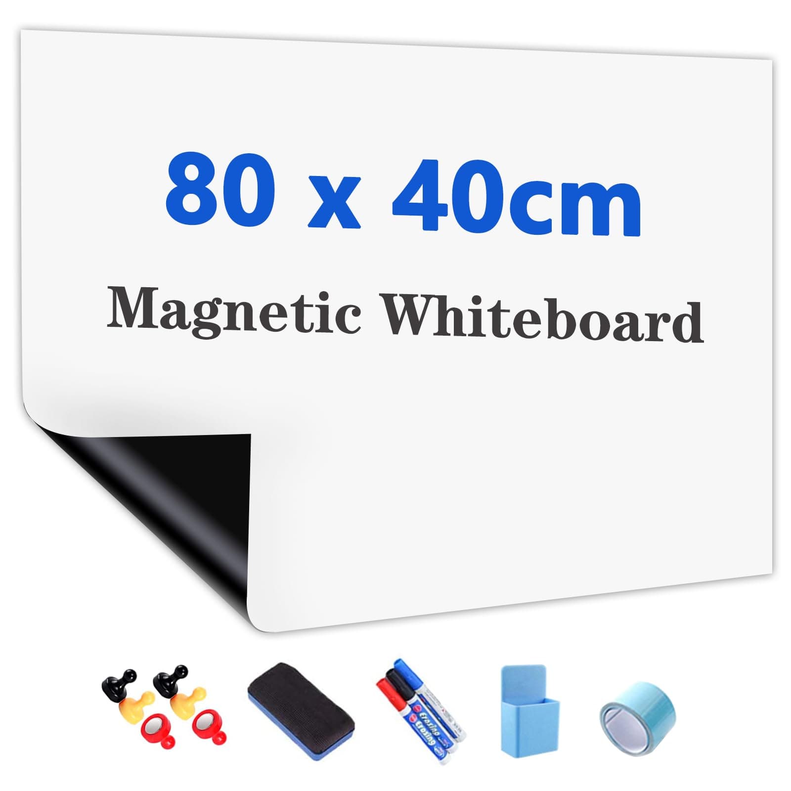 JOMUSAGA Tableau Blanc Magnétique Autocollant 80x40 cm, Film Effaçable à Sec Auto-adhésif, Surface d'Écriture Lisse, avec Effaceur, Feutres et Aimants, Idéal pour l'École, le Bureau et la Maison