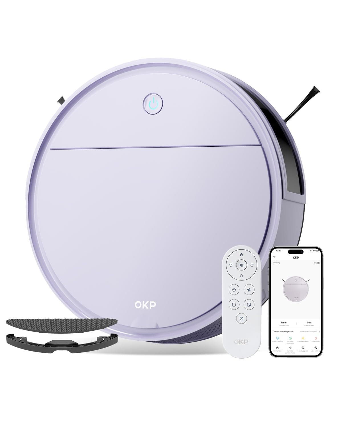 OKP K5Pro Robot aspirapolvere, 5000 Pa, Autonomia 180 Minuti, Ultra Sottile 7,7 cm, Evitamento Ostacoli PSD, Silenzioso, Adatto per pavimenti duri e peli di animali, WiFi/Alexa/App/Telecomando, Viola