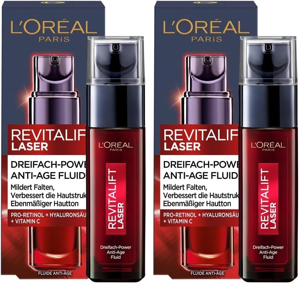 L'Oréal Paris Serum, Revitalift Laser X3, Anti-Aging Gesichtspflege mit 3-fach Wirkung, Mit Hyaluronsäure, 30 ml (Packung mit 2)