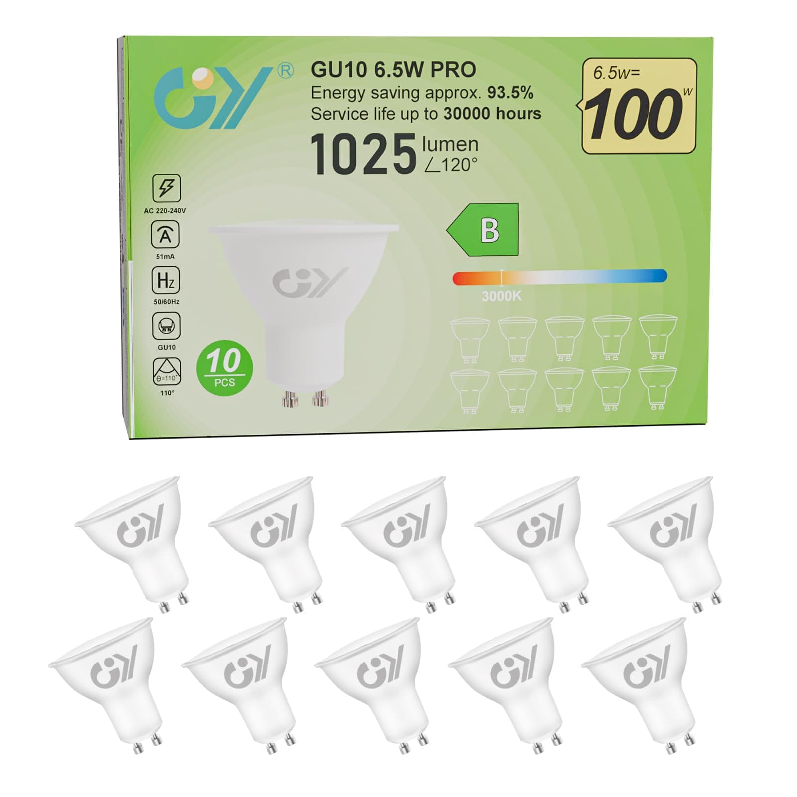 GY Bombilla LED GU10 6.5W (Eq. 100W) 1025LM 3000K Blanco Cálido, No Regulable, 110 Grados Ángulo de haz - Bombillas GU10 LED Pack de 10