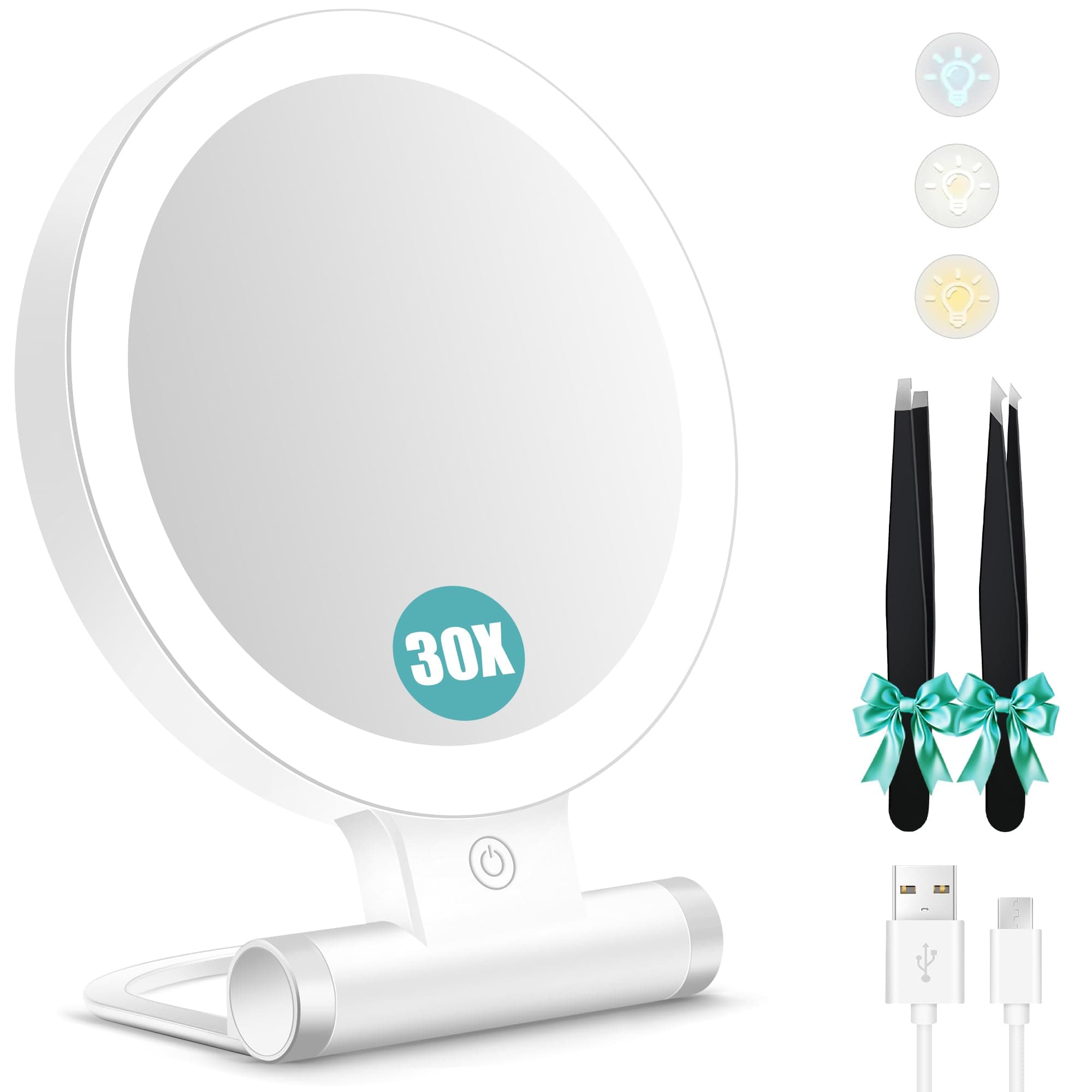 B Beauty Planet Miroir grossissant Double Face 1X/30X avec lumière, 3 Modes d'éclairage, 2000mAh luminosité Ajustable, Miroir de Maquillage de Voyage Compact et Pliable