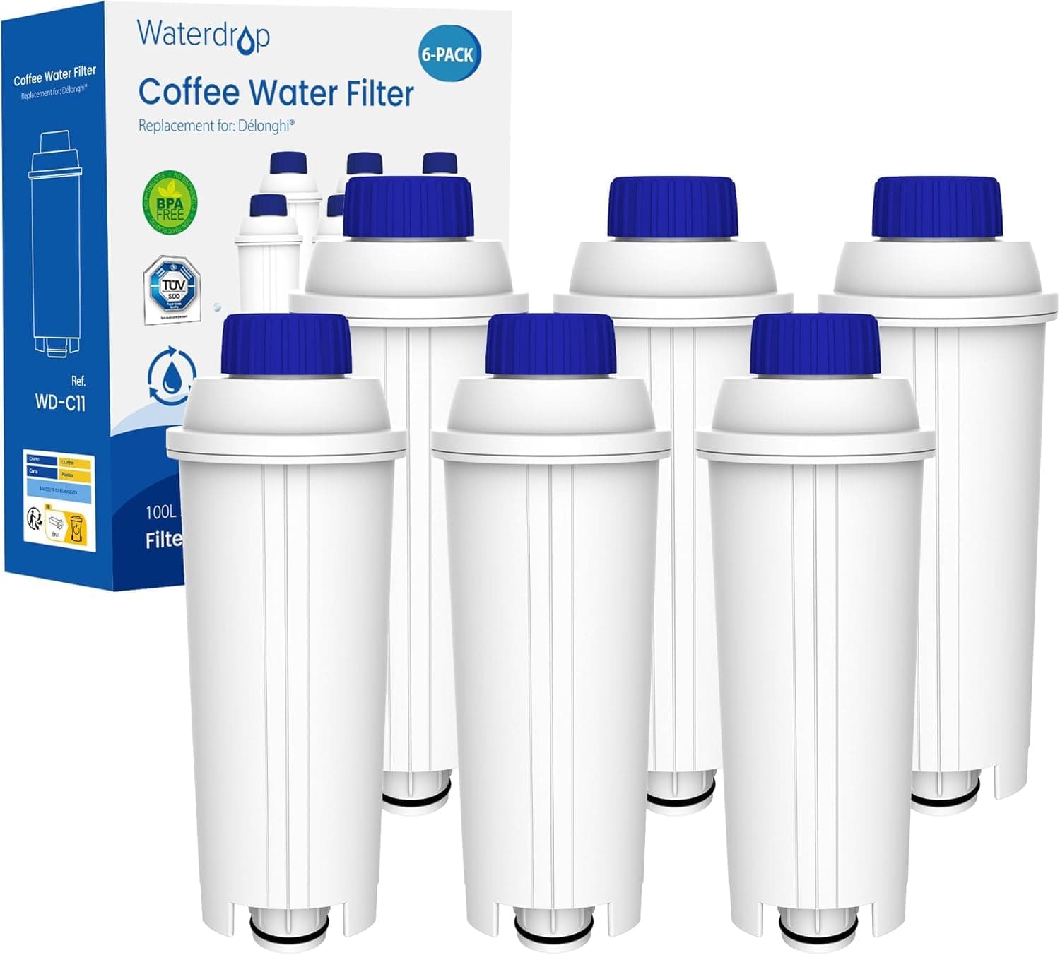 Waterdrop Filterkartuschen, Ersatz für De'Longhi® Wasserfilter DLSC002, Kompatibel mit De'Longhi® Magnifica® S, Eletta® Explorer, Dinamica® und ECAM-Serie, Kaffeeautomat und Espressomaschine (6)