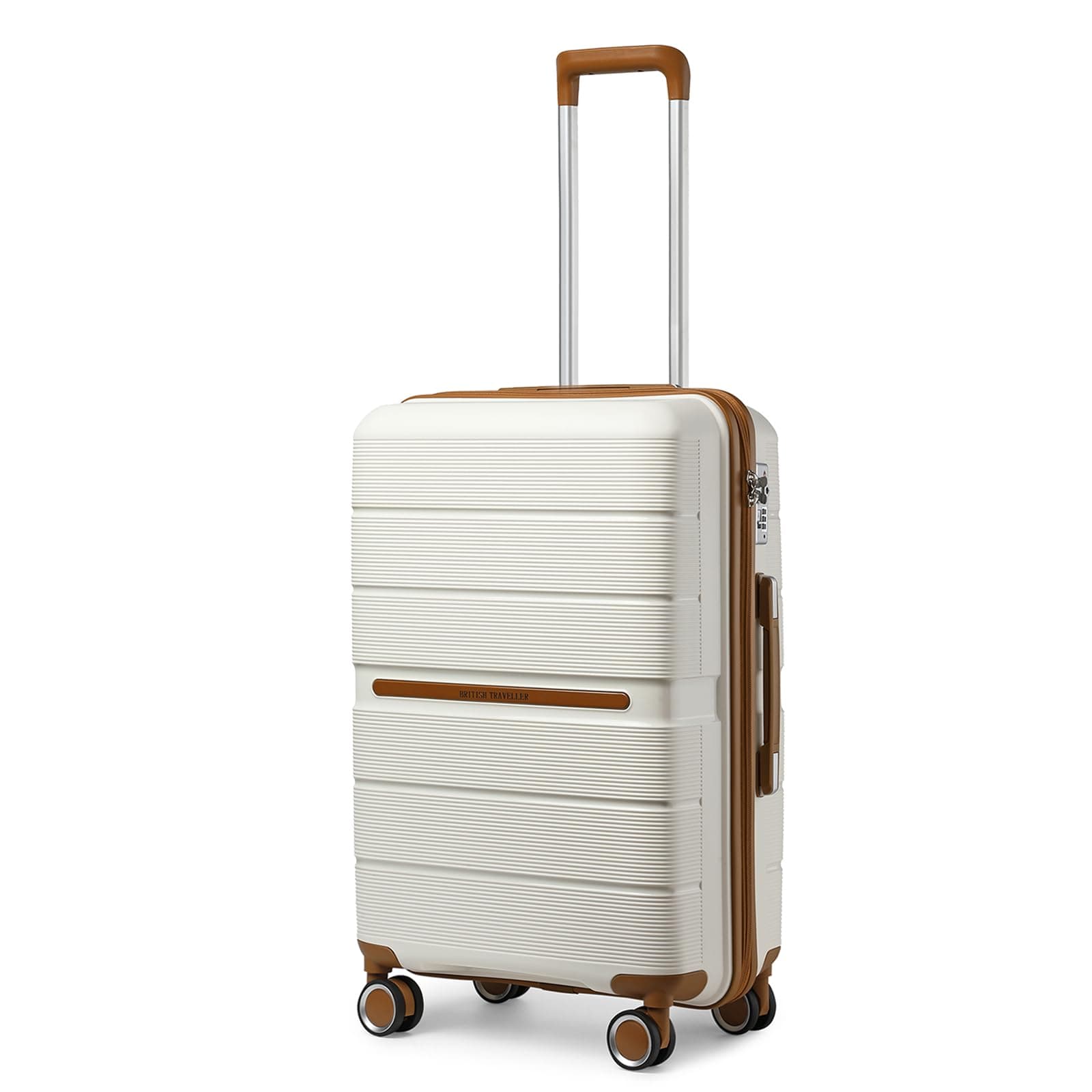 British Traveller Valise Moyenne Taille Valises Soute 69 Liters, Rigide Trolley en Polypropylène à 4 roulettes et Serrure TSA, 66x43.3x28.5 cm (Crème)