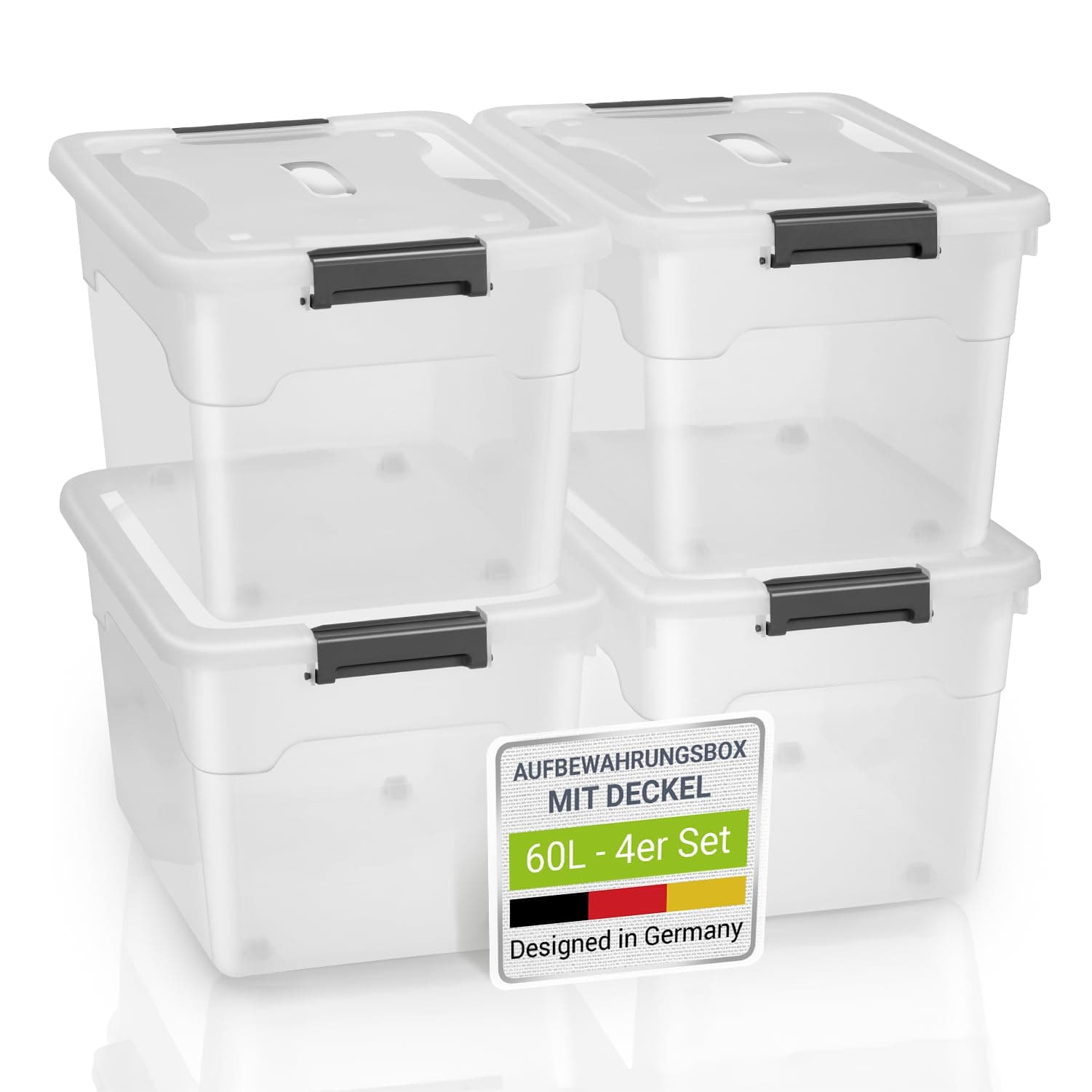 Juskys Aufbewahrungsbox mit Deckel - 4er Set Kunststoff Boxen 60l - Box groß, stapelbar, transparent - Aufbewahrung Ordnungssystem Aufbewahrungsboxen