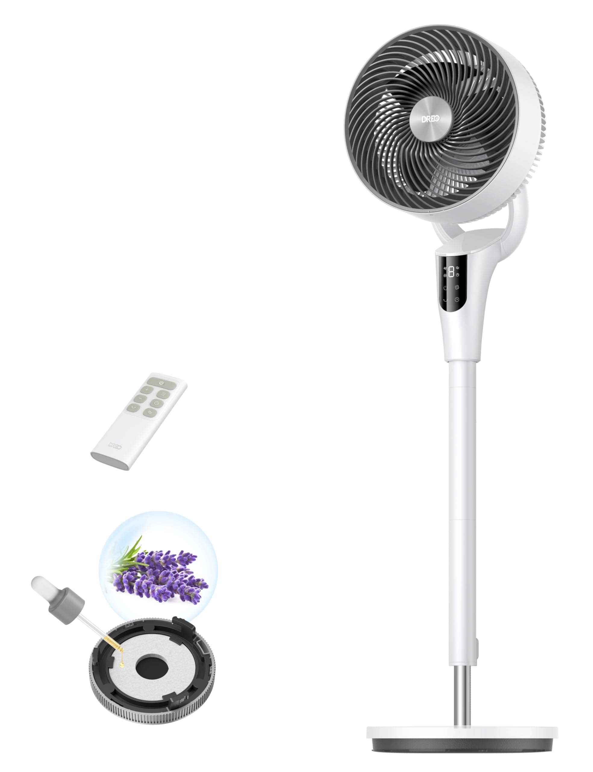 DREO Ventilatore a Piantana Silenzioso per Camera da Letto [Aggiornato], Flusso d’Aria 27m, 20dB, Oscillazione 90°, Motore DC, 8 Velocità, 3 Modalità, Altezza 96–106cm, Timer 8H, Inclinazione 105°