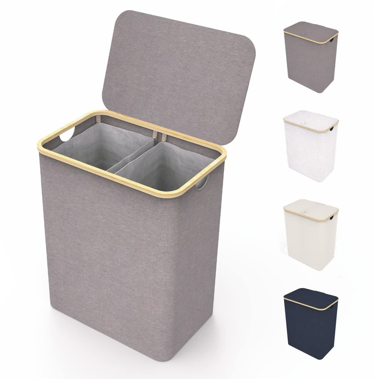 LONBET 150L Cesto Ropa Sucia 2 Compartimentos con Tapa y Estructura de Bambú - Cubo Ropa Sucia con Bolsa Extraíble, Asas Cómodas y Tela Transpirable para Uso Diario - Laundry Basket, Gris