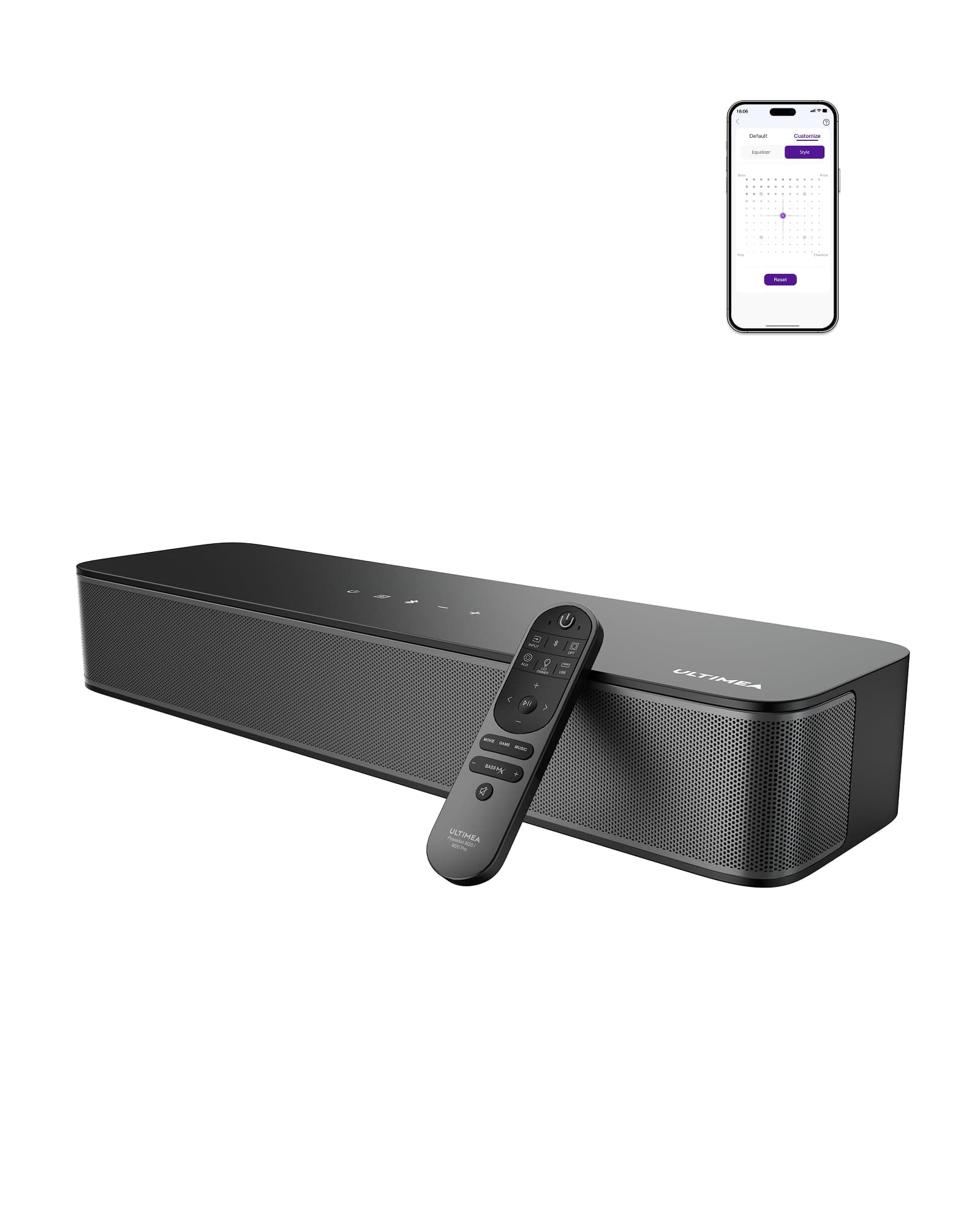 ULTIMEA 2.1 Ch Soundbar Per TV, Subwoofer Integrato, All-In-One Per PC E Giochi. App Controllo, 132W Potenza Picco, Bluetooth 5.4, OPT/AUX Ingressi, Montaggio A Parete, Poseidon M20 Pro