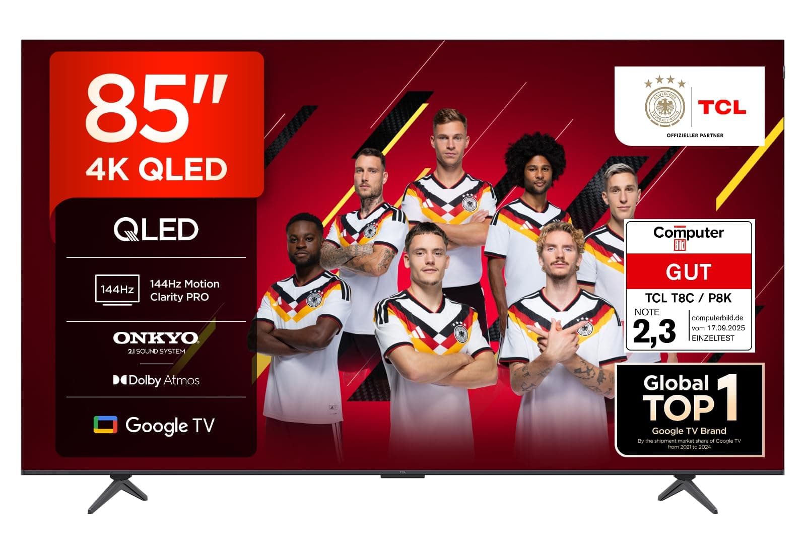 TCL 85T8C 85 Zoll QLED 4K HDR Ultra HD Fernseher, Smart TV mithilfe von Google TV (Dolby Vision Atmos, 144Hz Motion Clarity Pro, Game Bar, ALLM, FreeSync, Onkyo 2.1 Sound,Sprachsteuerung)