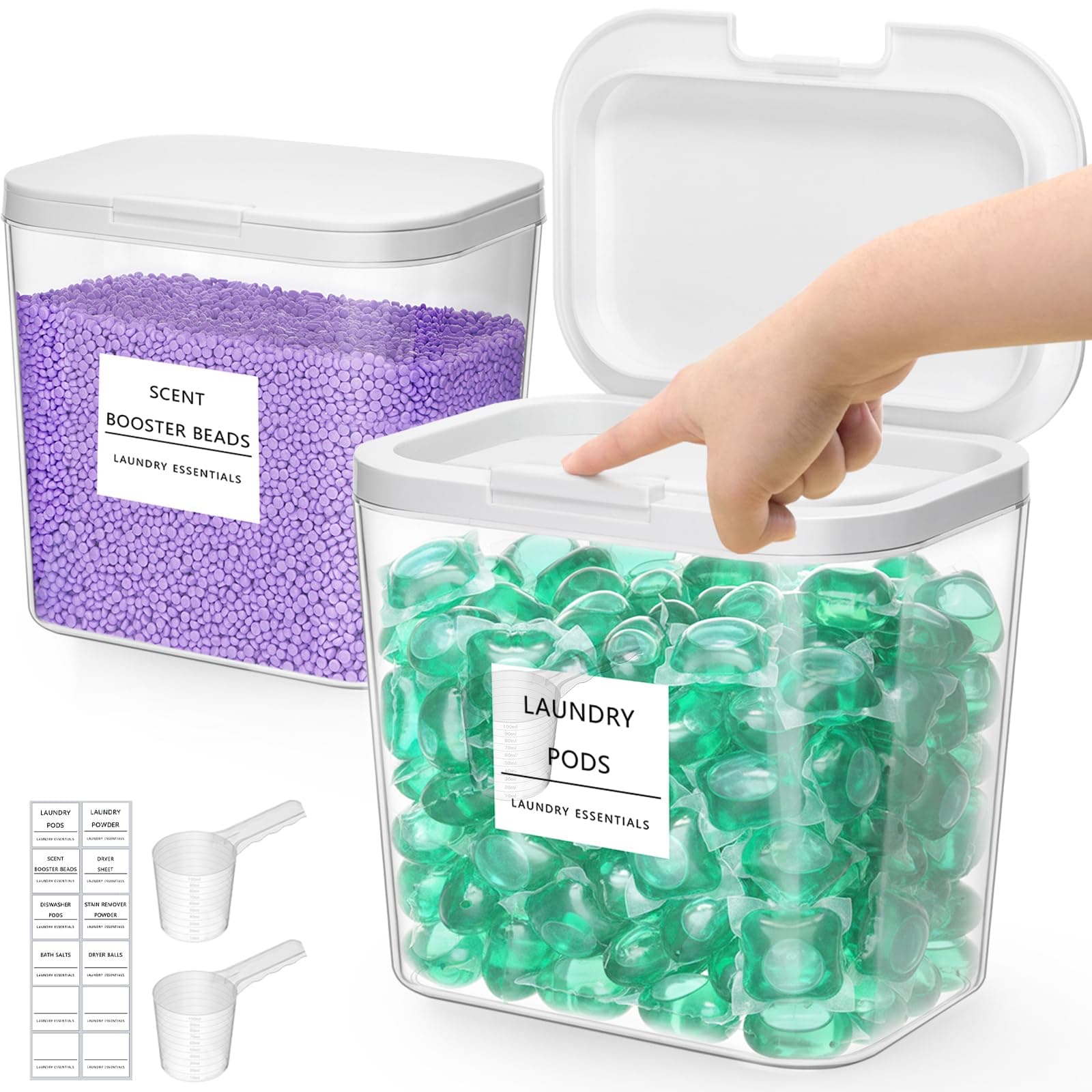 Lifewit 2700 +4500 ml/0.72+1.2gal Waschmittel Aufbewahrung für Wäsche Pods mit Druckverschluss, Waschpulver Aufbewahrungsbox mit Etikette und Löffel, Waschmittelbox für Pulver Duft-Booster, 2 Stück