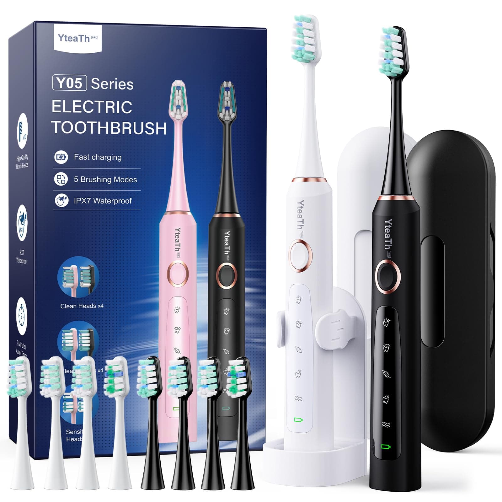 Cepillo de Dientes Eléctrico Sónico Adultos - Cepillo Electrico Sónico Paquete de 2, con 10 Cabezales y Estuche de Viaje, 5 Modos, IPX7 Impermeable, Cepillo Dientes Electrico, Negro y Blanco