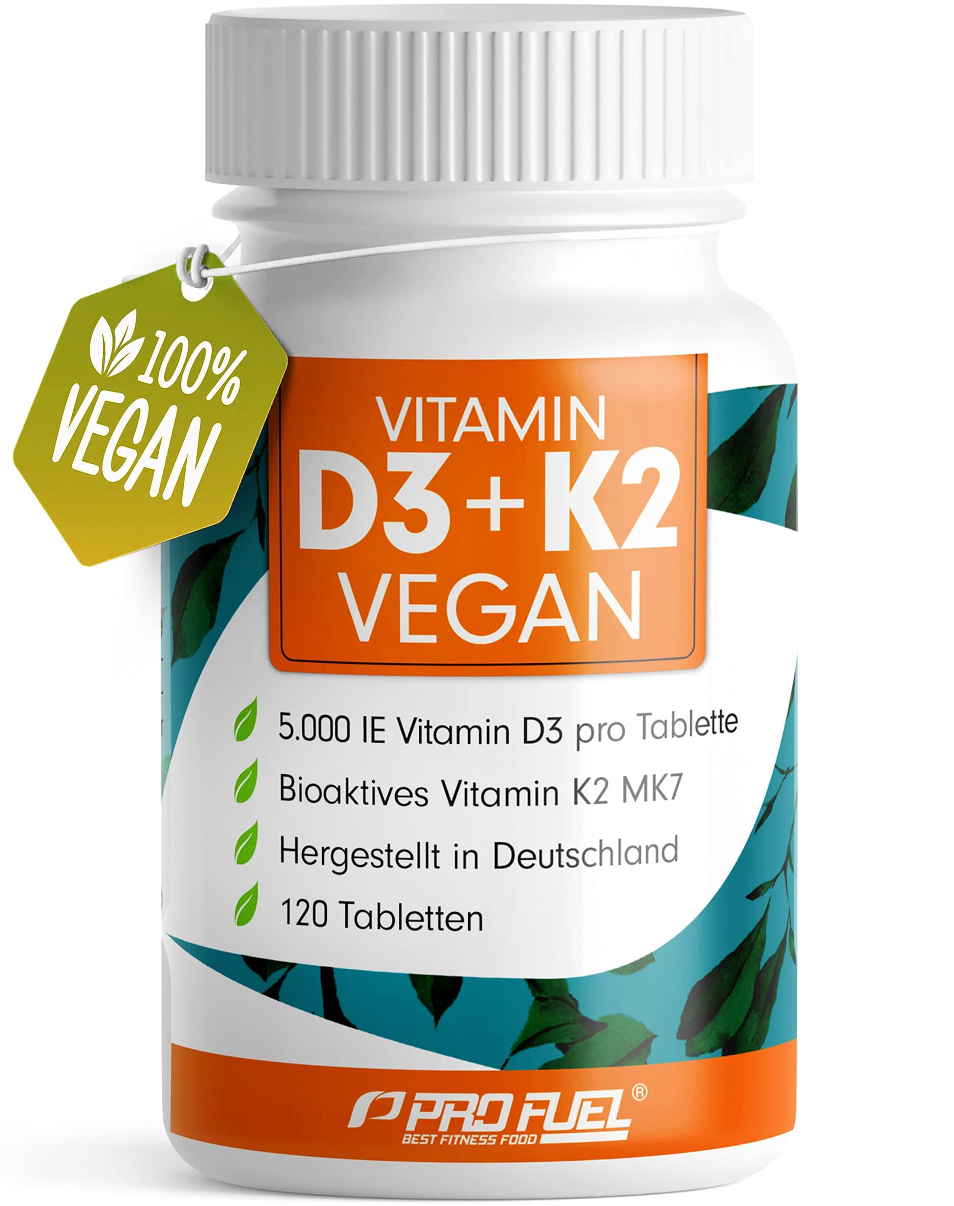 Vitamin D3 K2 VEGAN - 120 Tabletten mit 5000 IE D3 + 200 mcg K2 (MK7) - Vitamin D3 optimal hochdosiert und vegan - reicht für 19 Monate - laborgeprüft mit Zertifikat
