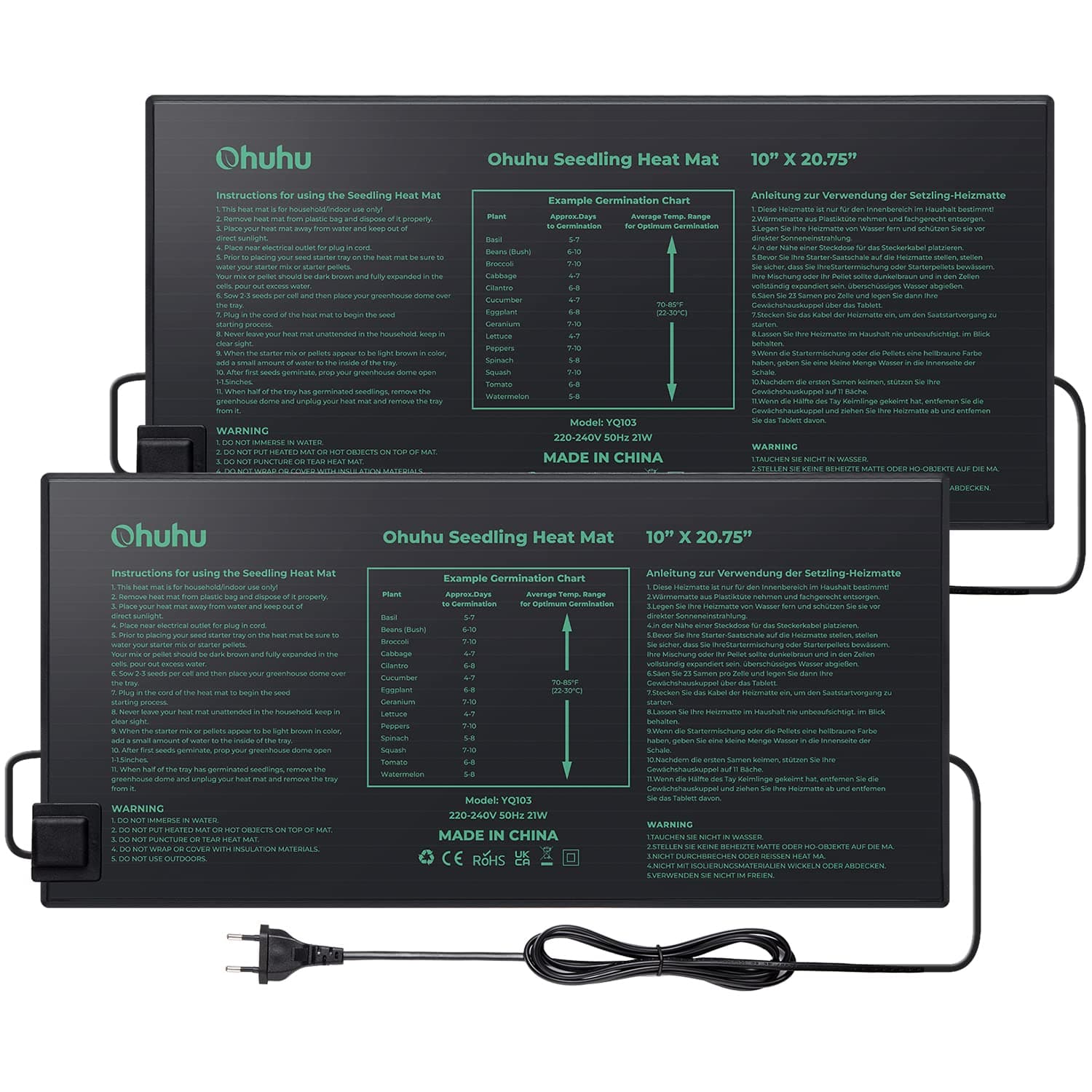Ohuhu Heizmatte Wärmematte für Sämling Germination 2 Stück, Wasserdichtes Heizmatte Pflanzen Gewächshaus Heizkissen Reptil Temperatur Heizkissen Hydroponischer Gartensaatstarter, 25x52 cm