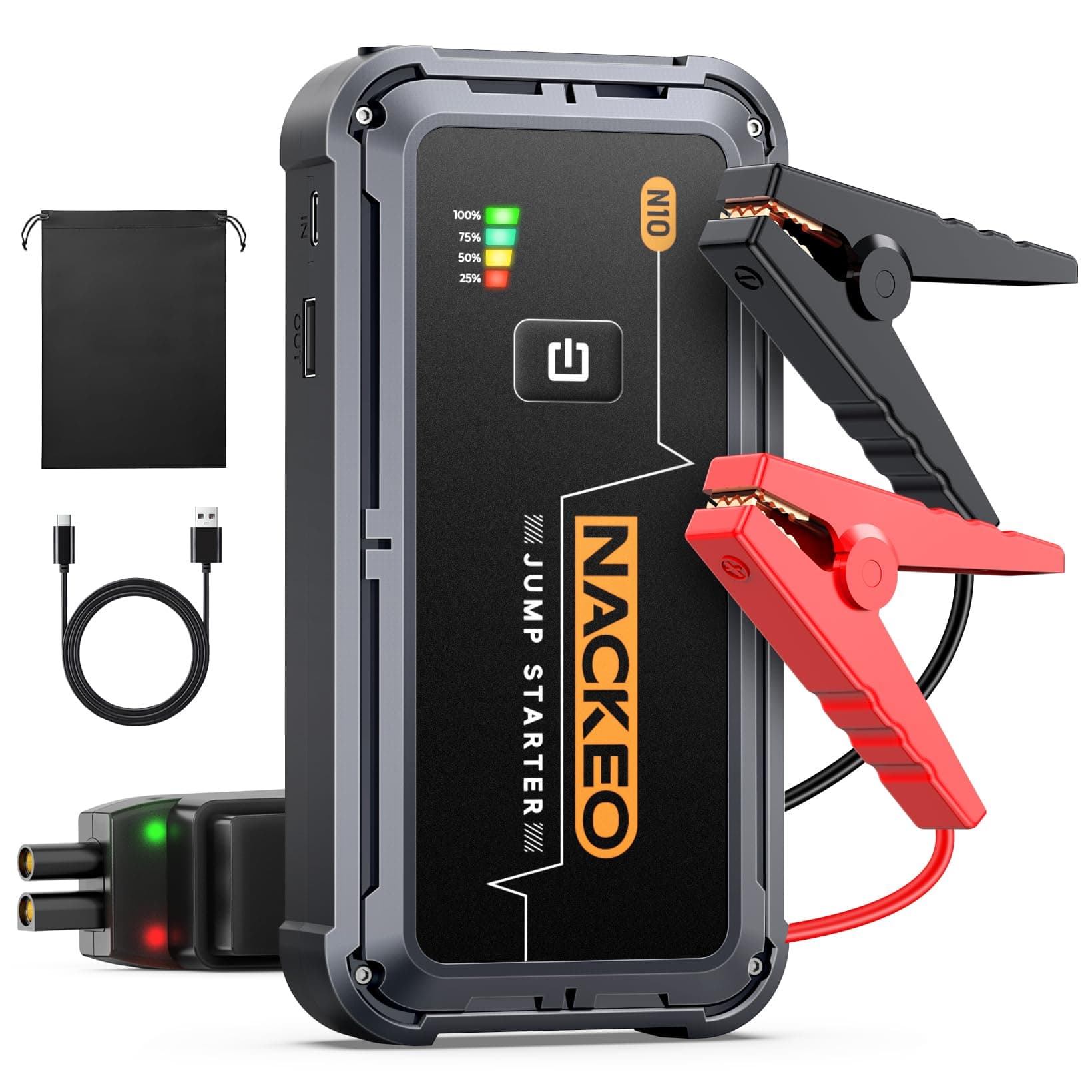 NACKEO Arrancador de Coches, 5000A Arrancador de Baterias de Coche 12V (para 9.0L de Gasolina o 8.5L de Diésel), Jump Starter Portátil con Pinzas, Carga Rápida, Luz LED, Espera Larga, Compacto (5000A)