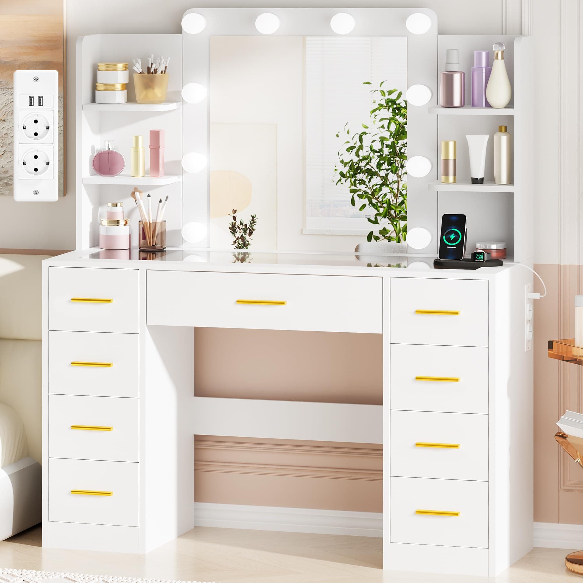 BEWISHOME Grande Coiffeuse avec Miroir et LED lumières,Luminosité Réglable,Coiffeuse avec Plateau en Verre,Table de Maquillage avec Multiprise,9 Tiroirs,4 Étagères Ouvertes Moderne Blanc EFST39W