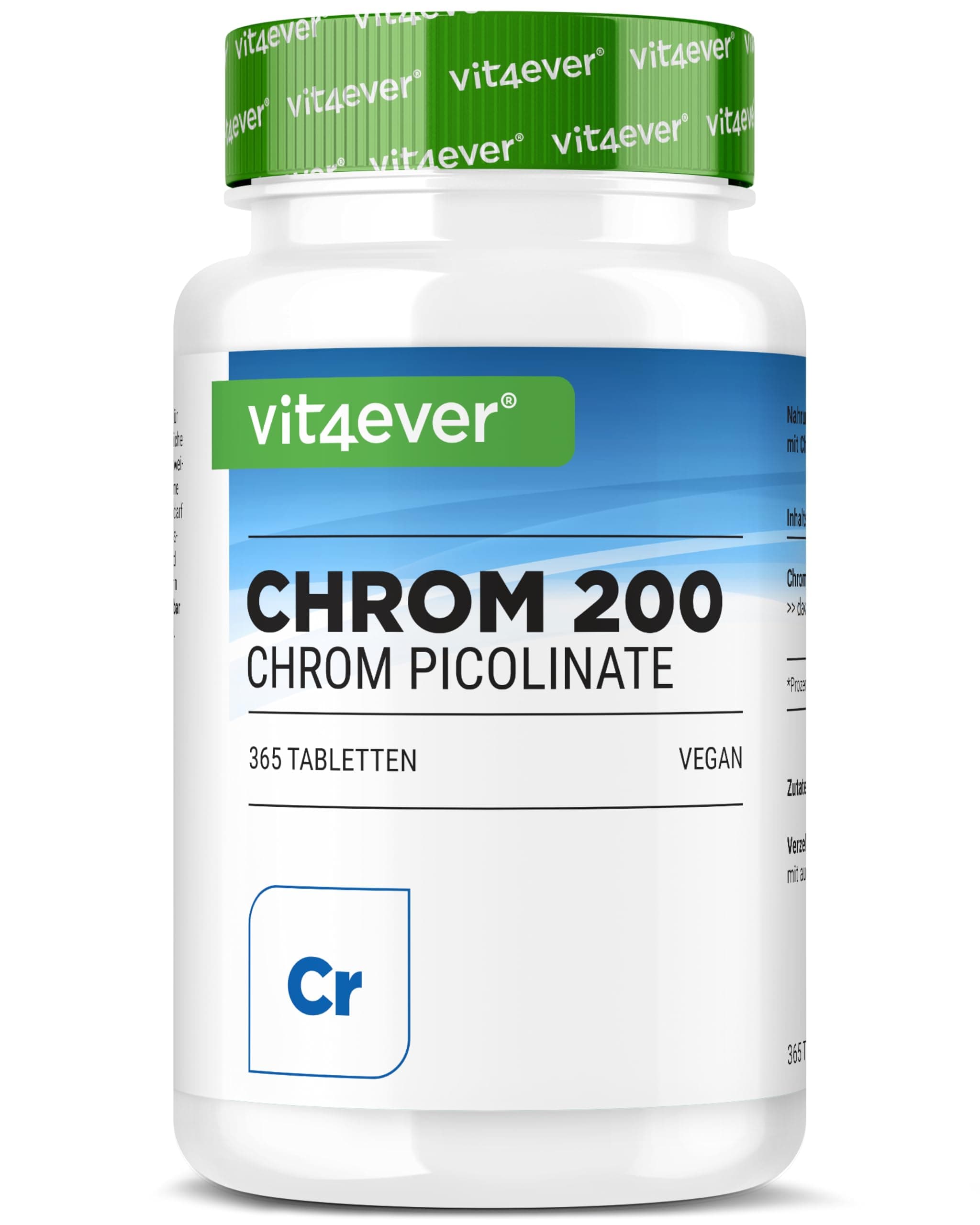vit4ever Chrom Picolinat - 200 mcg reines Chrom je Tablette - 365 Tabletten im Jahresvorrat - Reines - Ohne unnötige Zusätze - Hochdosiert - Vegan