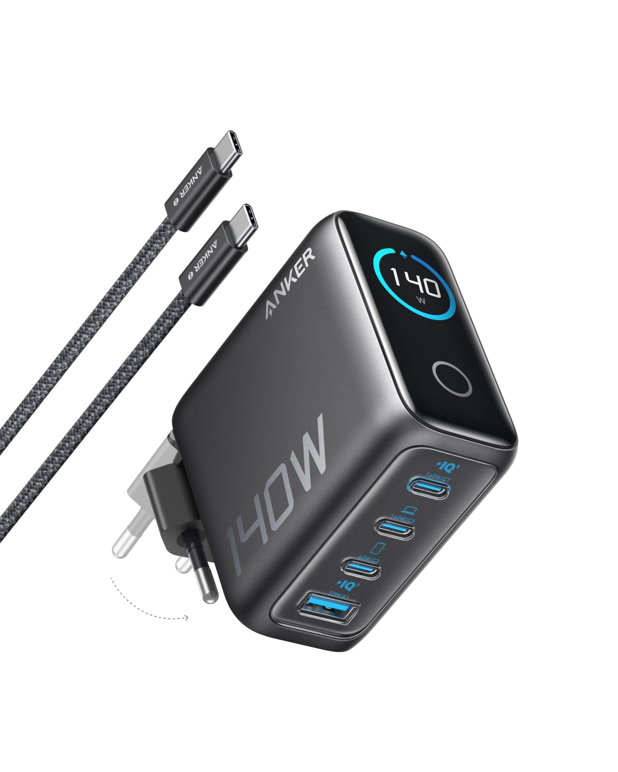 Anker 140W USB C Ladegerät, Laptop Ladegerät, 4-Port Multi-Geräte Schnellladeleistung, Fortschrittliches GaN Netzteil, Touch Control, Kompatibel mit MacBook, iPhone 17/16/15, Samsung, Pixel und mehr