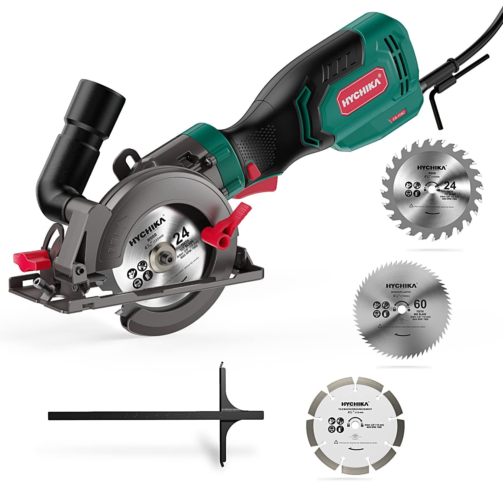 HYCHIKA Scie Circulaire, 750W 3500RPM Petite Scie Circulaire, 3 Lames(115 et 125mm) Profondeur de Coupe 48mm(90°), 32mm(45°), Idéal pour Couper du Bois, Carrelage, Métal Mou