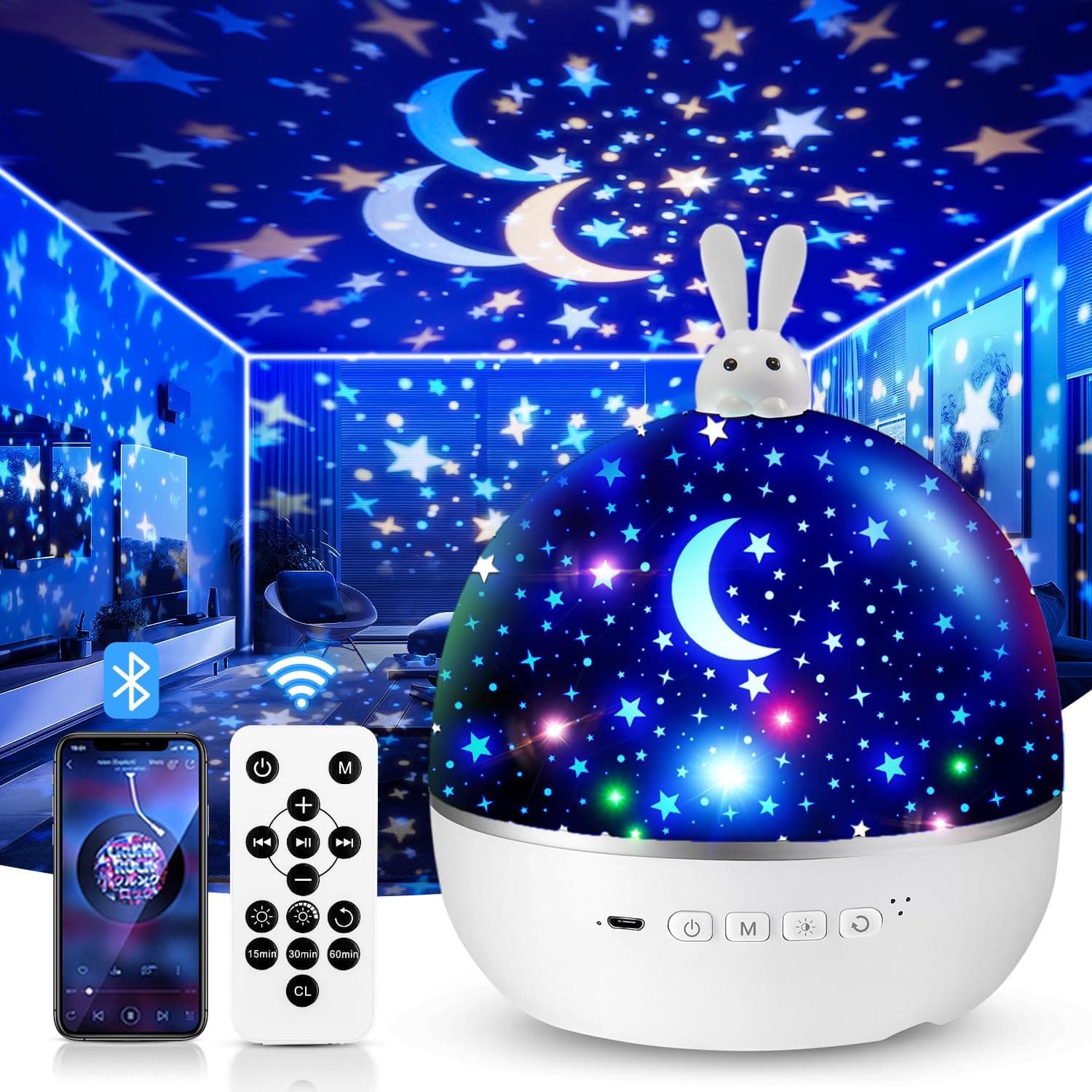 Veilleuse Bébé Projecteur Ciel Etoile,15 Films Veilleuse Enfant,Bluetooth Musicale et Lumineuse,360° Rotation Telecommandé Kawaii Deco Chambre Décoration Pâques,Cadeau Bebe Cadeau Fille 1-5 an