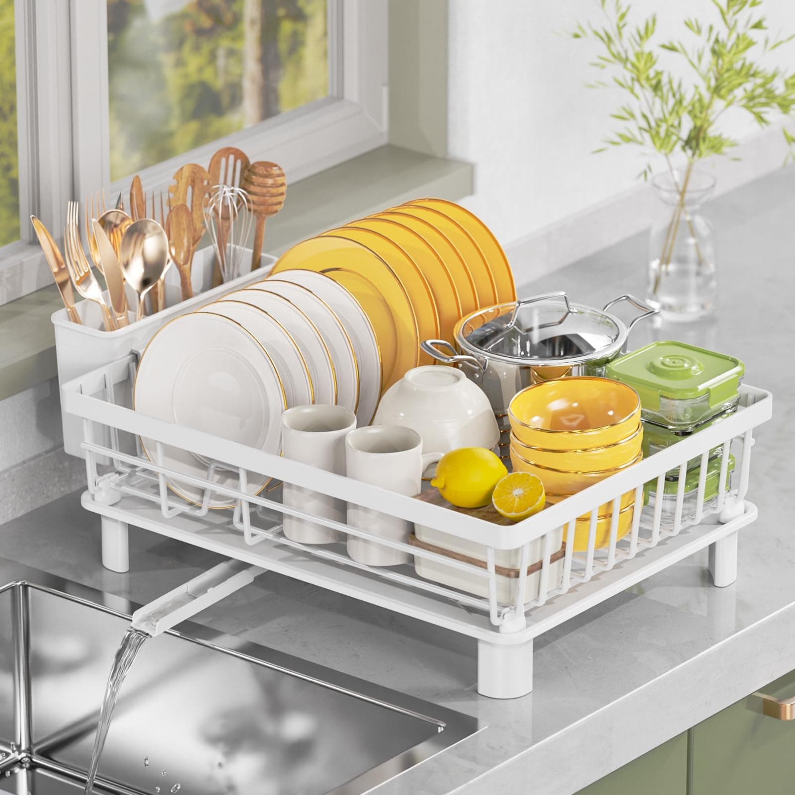 LIONONLY Escurridor de Platos,Gran Escurreplatos de Acero Inoxidable,Estante de Secado de Platos con Bandejas de Goteo,Portautensilios und Boca de Vaciado Giratoria,Escurreplatos sobre Fregadero