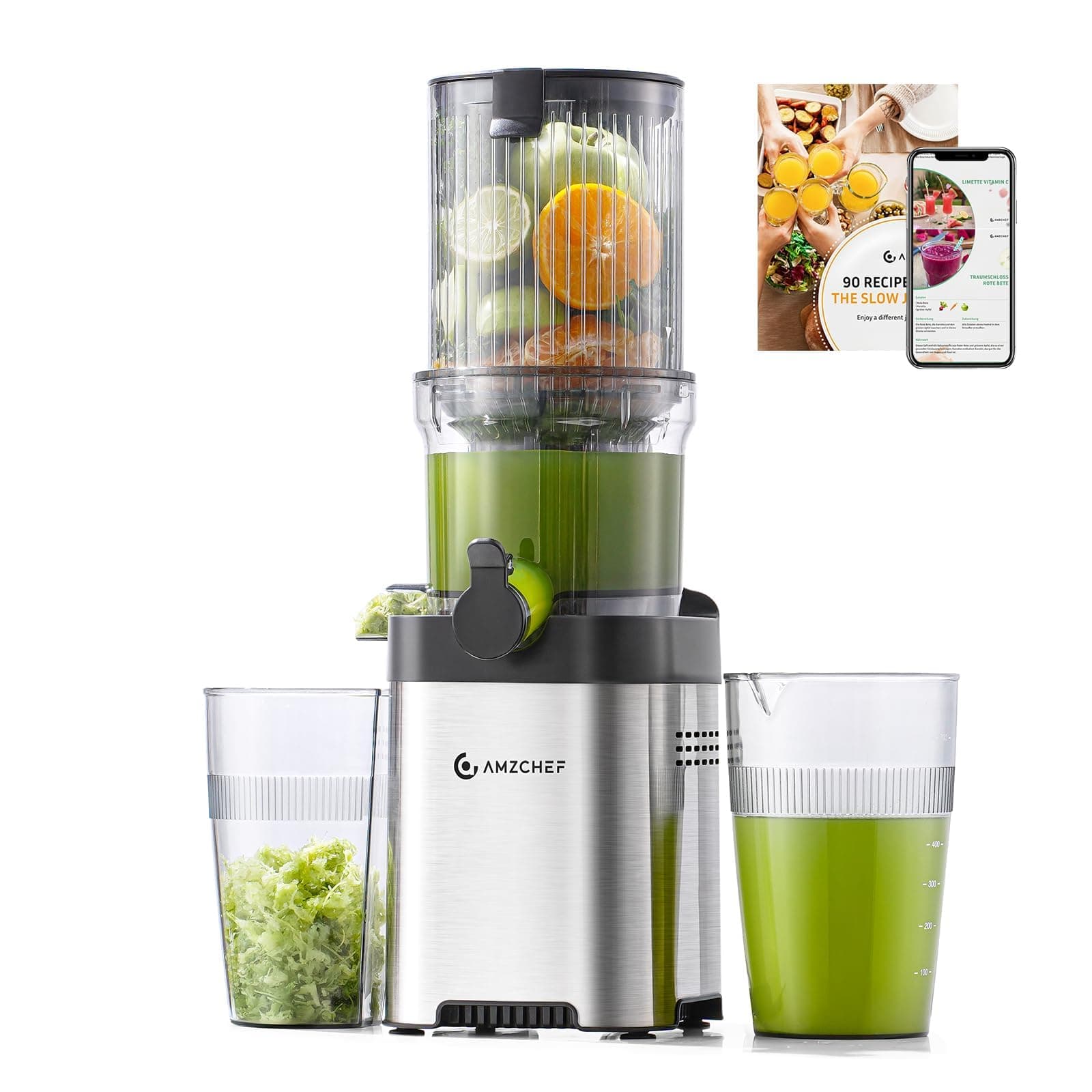 AMZCHEF Sin Preparación 120MM Slow Juicer - Limpieza Rápida Licuadora Prensado en Frio - Extractor 2L capacidad para verduras y frutas enteras [Clase de eficiencia energética A+++]