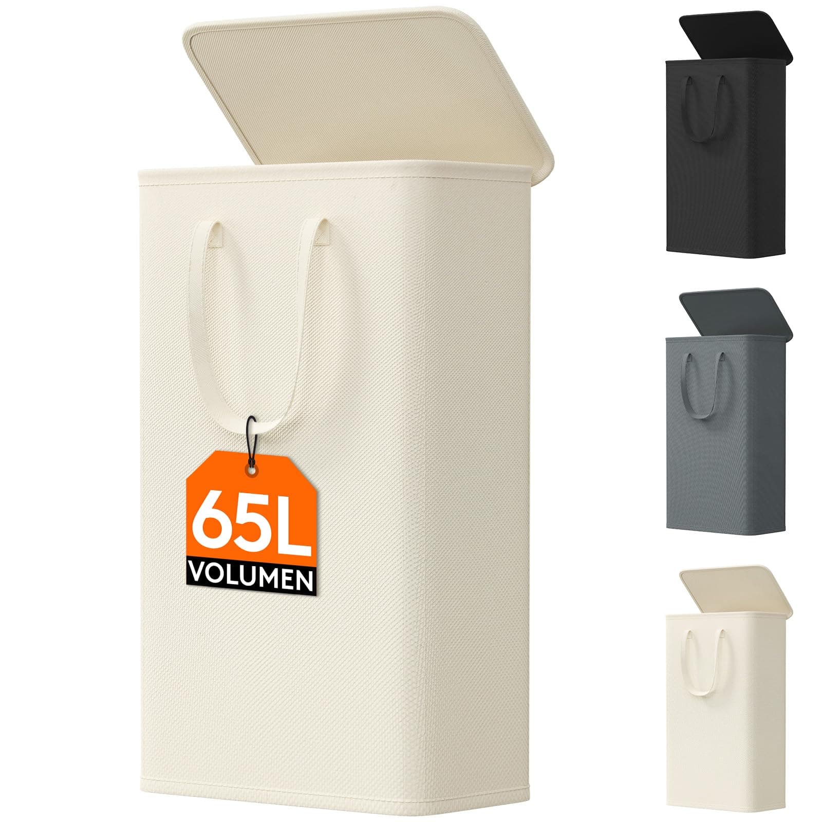 Lifewit 65L Wäschekorb Schmal mit Deckel, Wäschekorb Waschenkorbe Faltbar Klein, Wäschesammler mit Griffen, Wäschebox Laundry Baskets für Waschküche Schlafzimmer, Badezimmer, Weiß, 1 Packungen