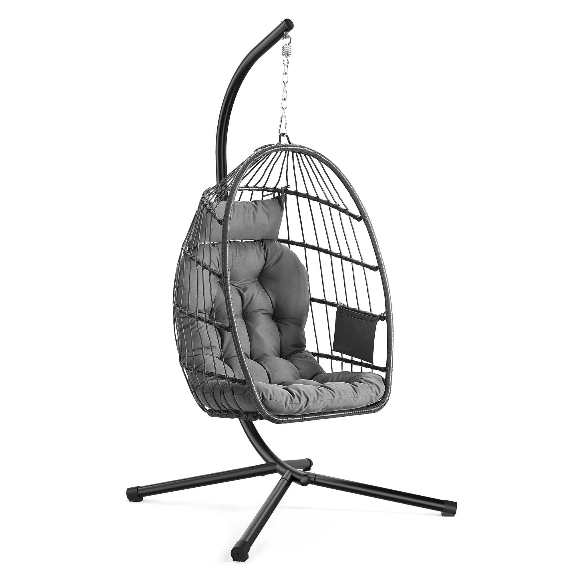 SONGMICS Hängesessel mit Gestell, Hängeschaukel Outdoor, Korbsessel, Korb klappbar und abnehmbar, Hängestuhl höhenverstellbar, Seitentasche, Kissen, Wohnzimmer Garten Balkon, grau GDC050GZ01