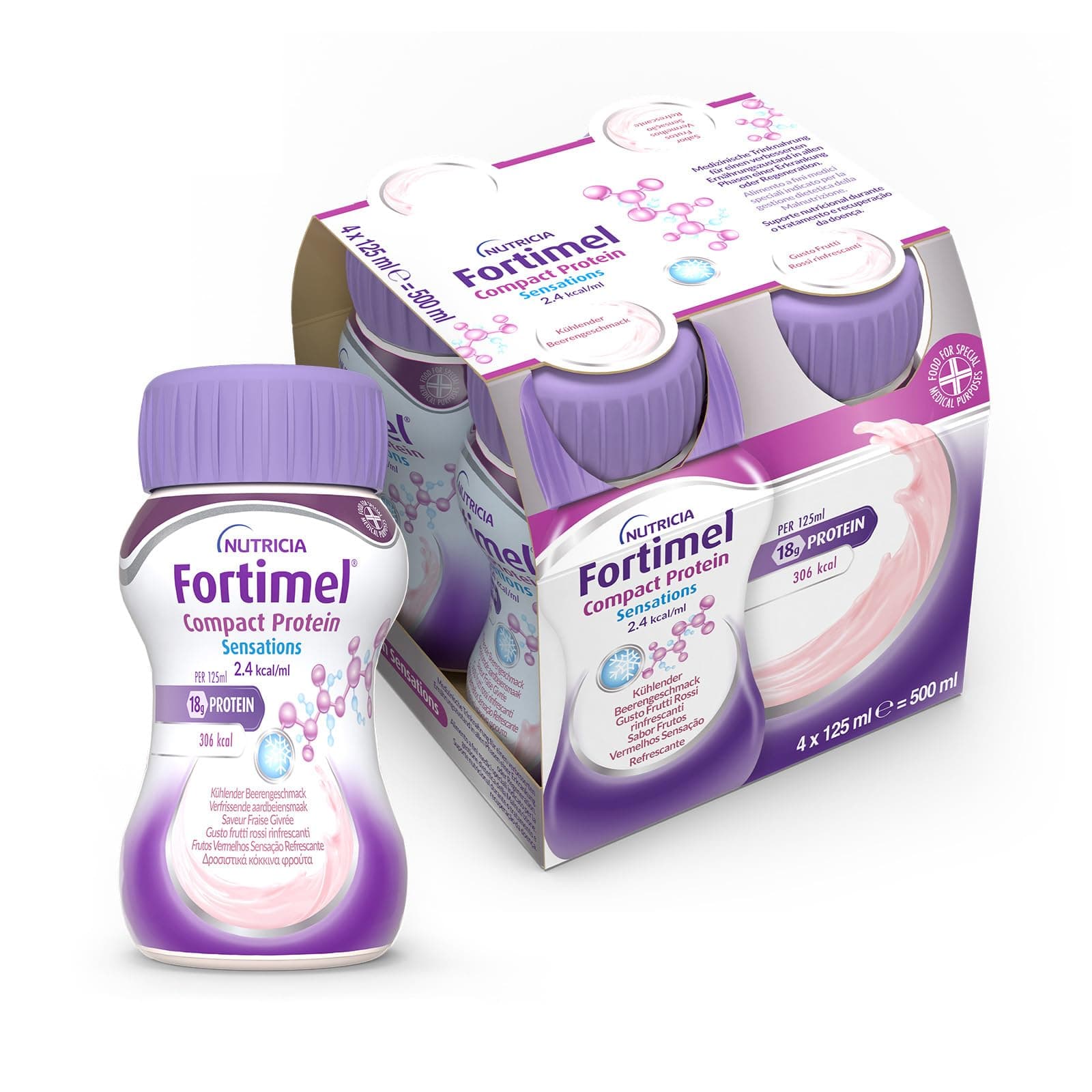 NUTRICIA FORTIMEL COMPACT PROTEIN SENSATION - Supplemento Ipercalorico e Iperproteico, utile in caso di Malnutrizione, Alimento a Fini Medici Speciali, Gusto Frutti Rossi Rinfrescanti - 4x125ml