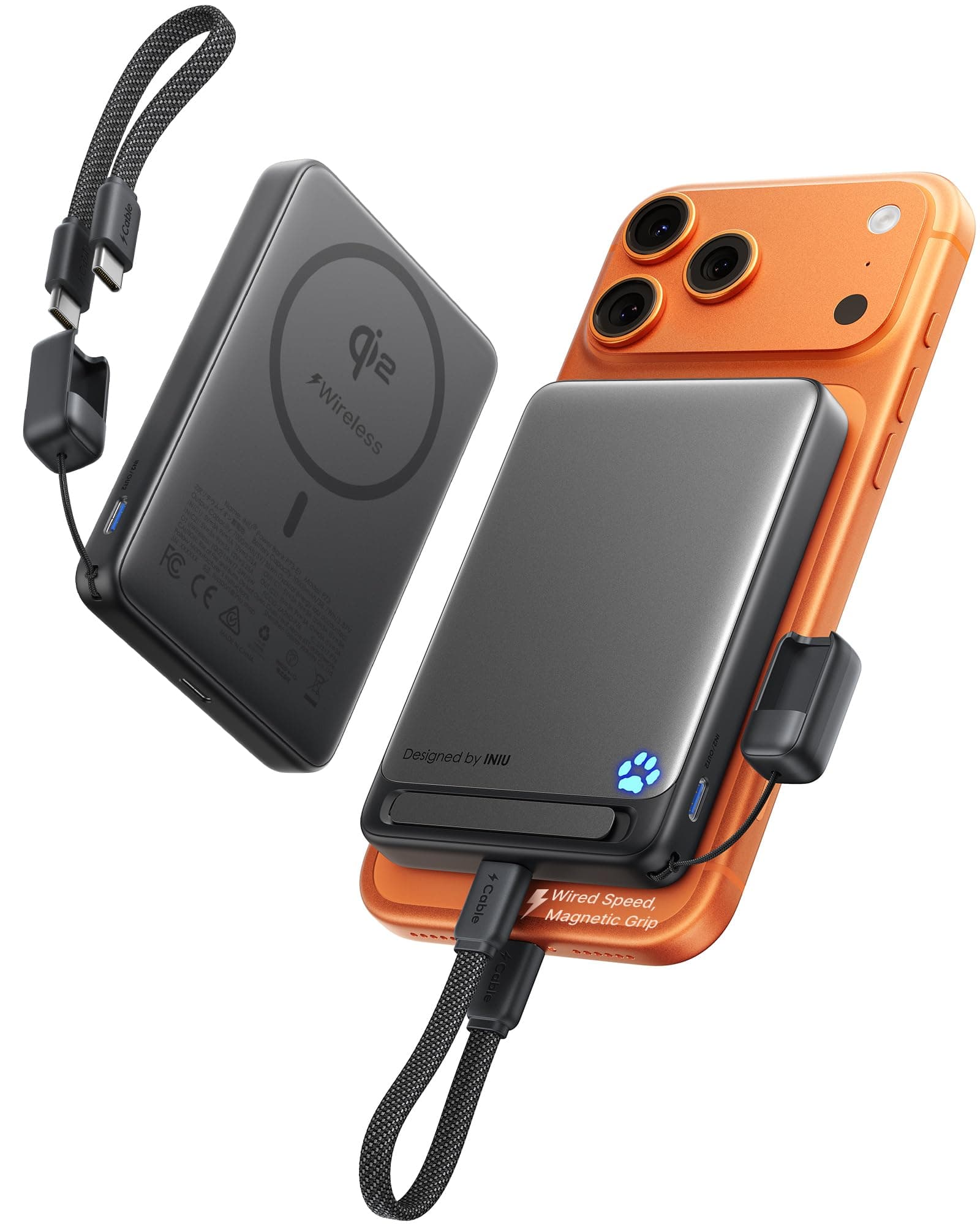 INIU für Magsafe Power bank, Schlanksten 10000mAh Qi2zertifiziert 15W Magnetische Powerbank, 45W Ultraschnelles Externe Handyakkus mit USB C Kabel, Akku Hülle mit Ständer nur für iPhone 17 16 15 14 13