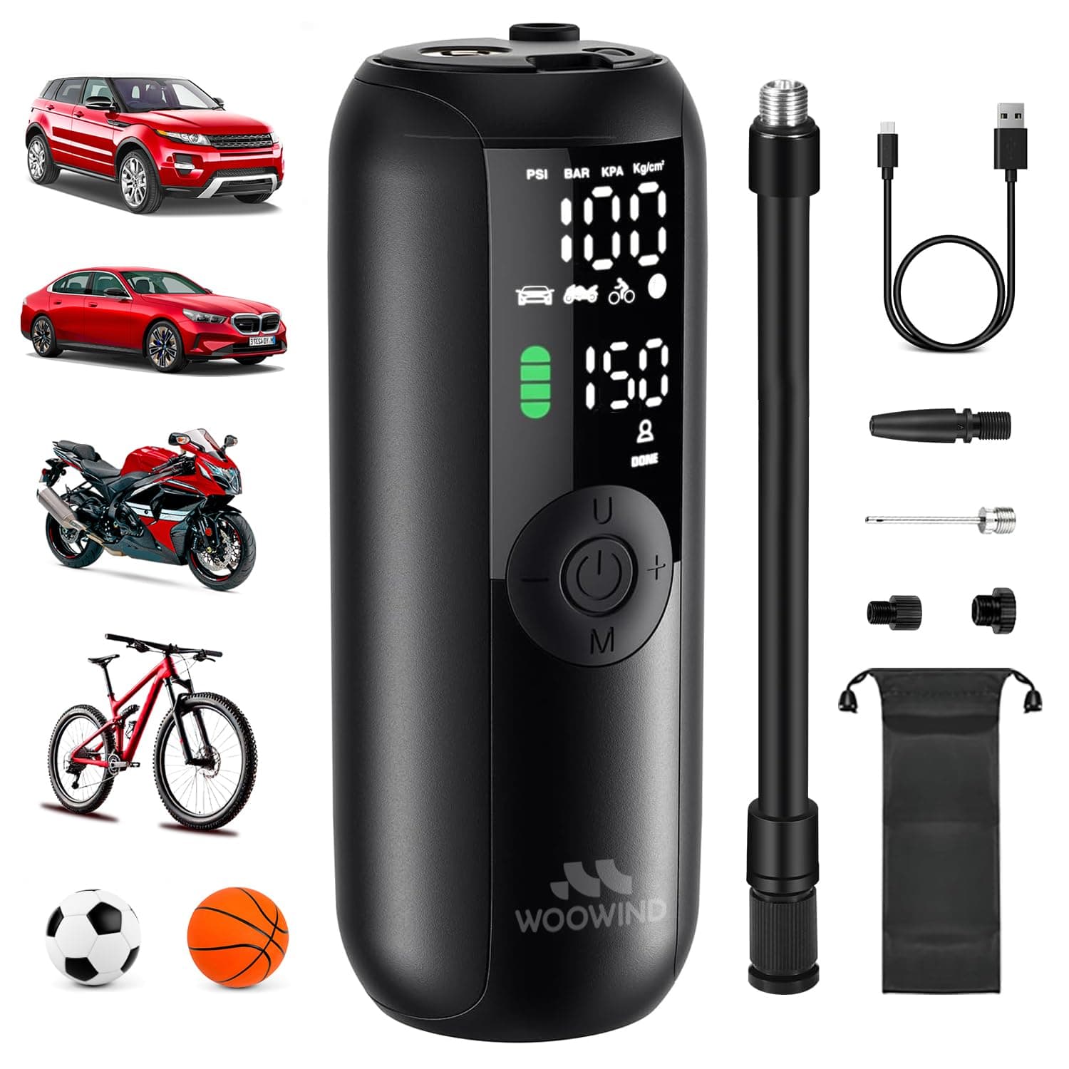 Woowind Compresor Aire Portatil 150PSI/10,3Bar, Bomba Bicicleta, Inflador Ruedas Coche, Inflado en 1 Minuto, Hinchador Ruedas Coche, Bici, Moto y Balones, Apagado Automático, Pantalla LCD Linterna LED