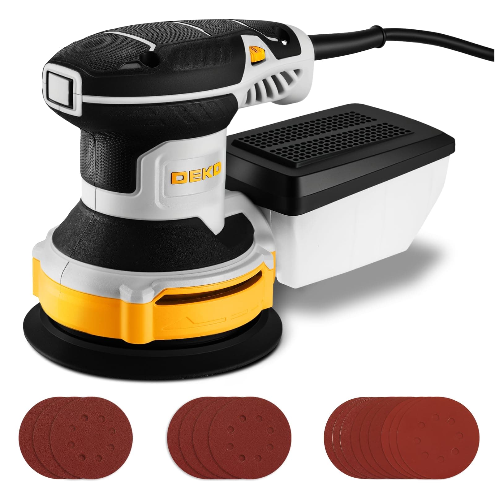 DEKOPRO 300W Ponceuse Orbitale Excentrique, 6 Vitesses, 14000RPM, Papier Abrasif 16 Pièces, Patin de Ponçage 125mm, Collecteur de Poussière, pour Surfaces en Bois et Acier, Jaune-gris