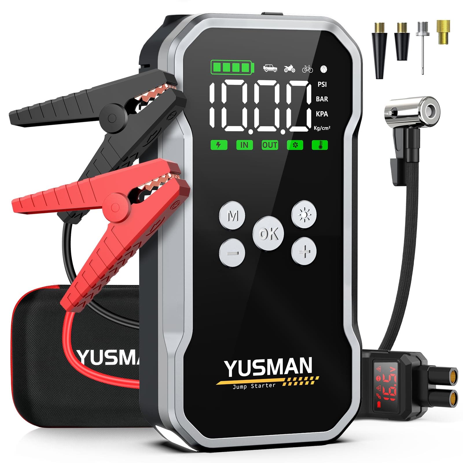 YUSMAN Avviatore Batteria Auto - 8000A, Booster Avviatore Auto con Compressore 160PSI (per 12V 10.0L GAS e 8.0L DIESEL), Jump Starter 5V/3A, Avviatore Emergenza USB, LED,Starter Batteria LCD