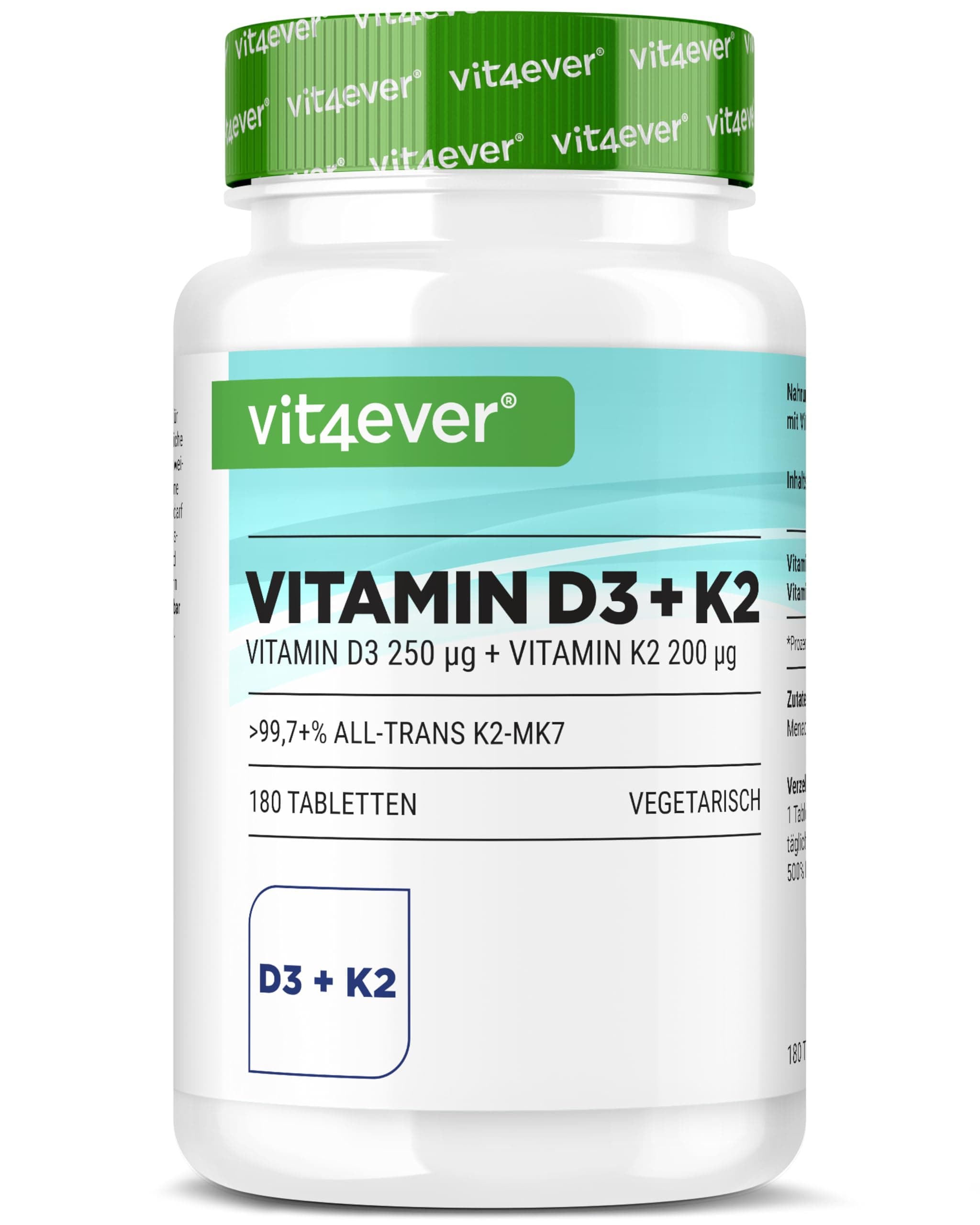 vit4ever Vitamin D3 10.000 I.E + Vitamin K2 200 µg MK7 Depot - 180 Tabletten - Hochdosiert - 99,7% All-Trans MK7 -Vegetarisch - Premium Qualität - Ohne unnötige Zusätze