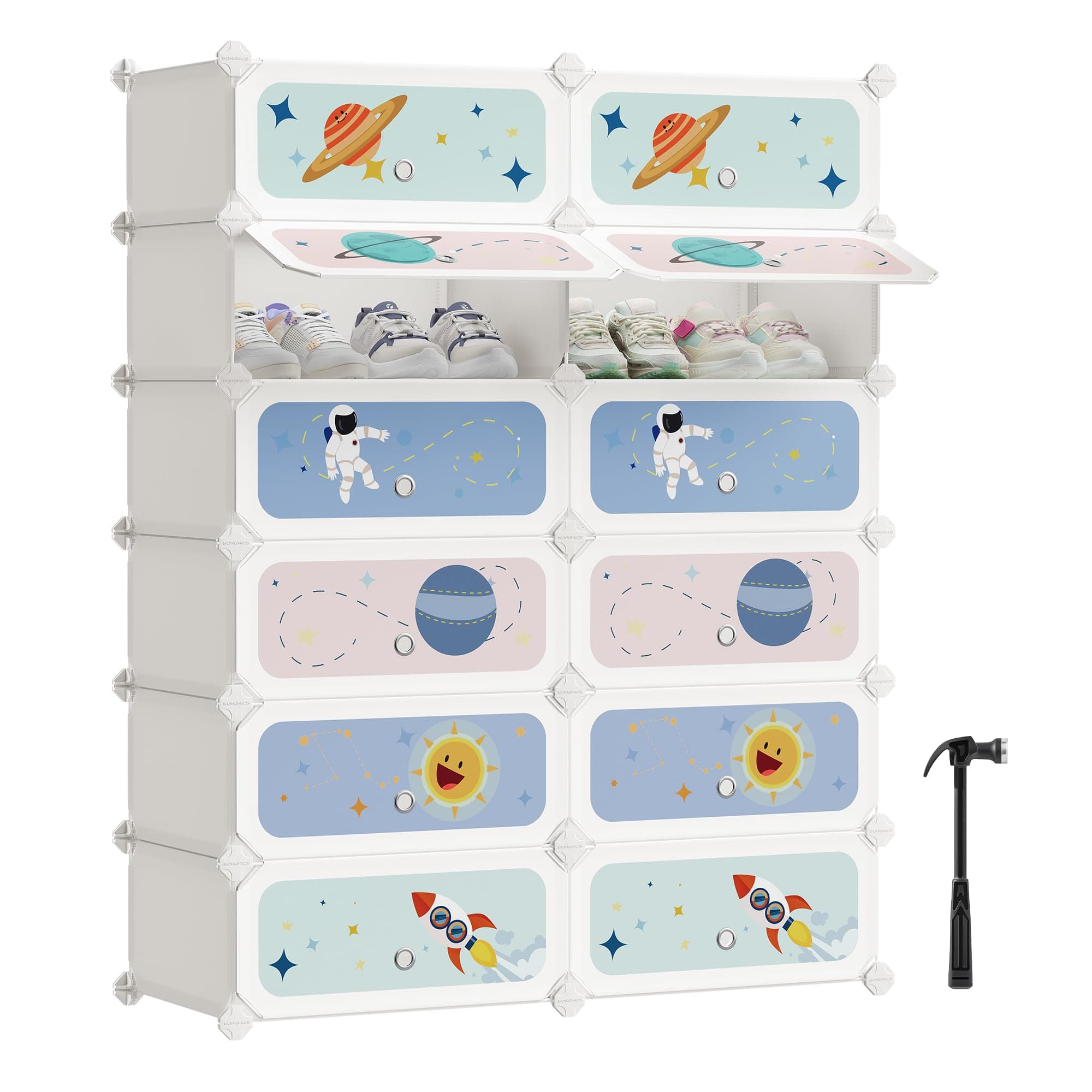 SONGMICS Estantería Modular Infantil de 12 Cubos, Zapatero para niños, Estantería plástico, Armario Modular con Puertas, para Ropa, Zapatos, Juguetes, 31 x 81 x 106 cm, Blanco Nube LPC907W01
