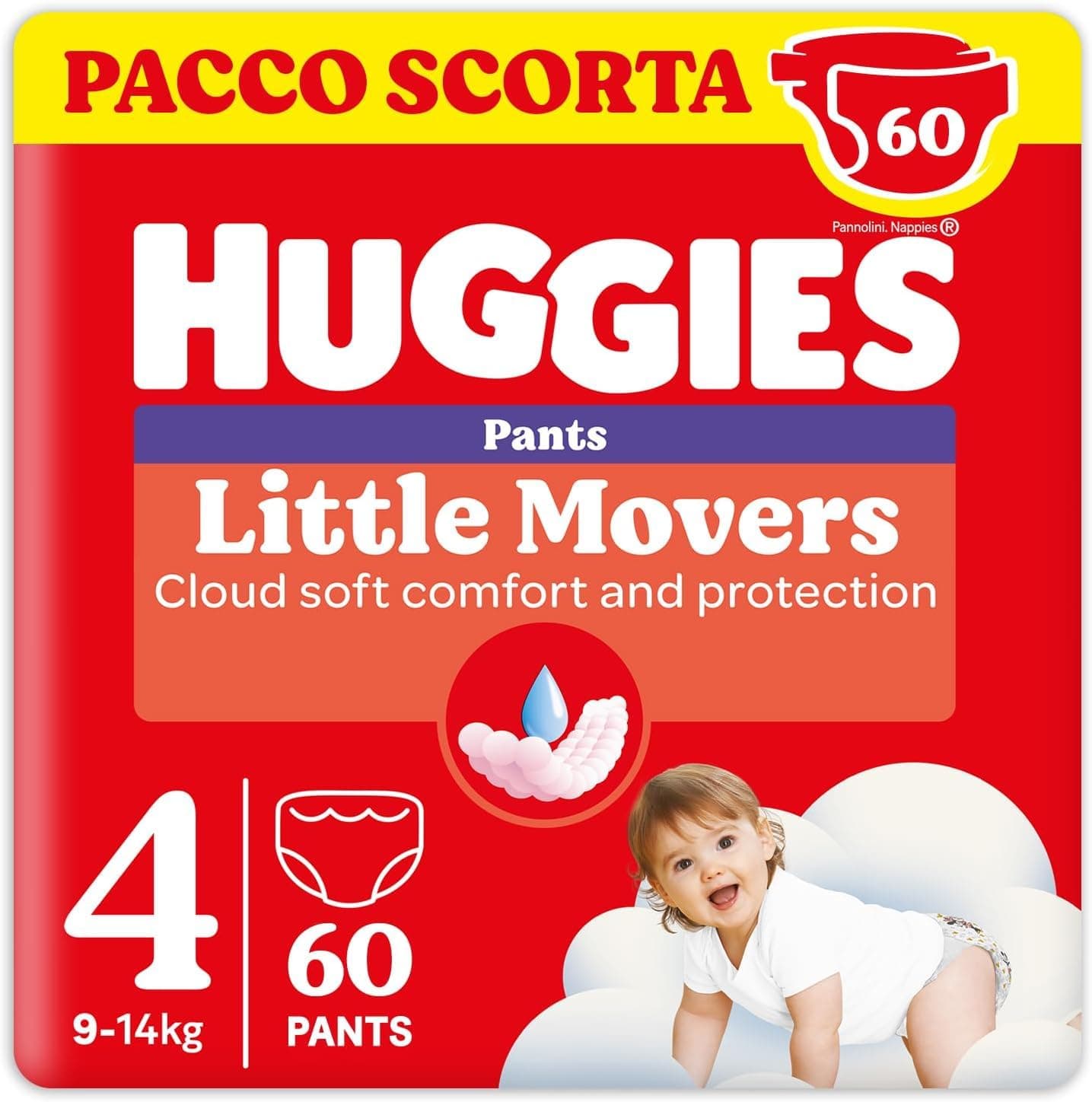 Huggies Little Movers Pannolini Mutandina Taglia 4 (9-14 kg), Ultra assorbente, Protezione completa, 60 Pz