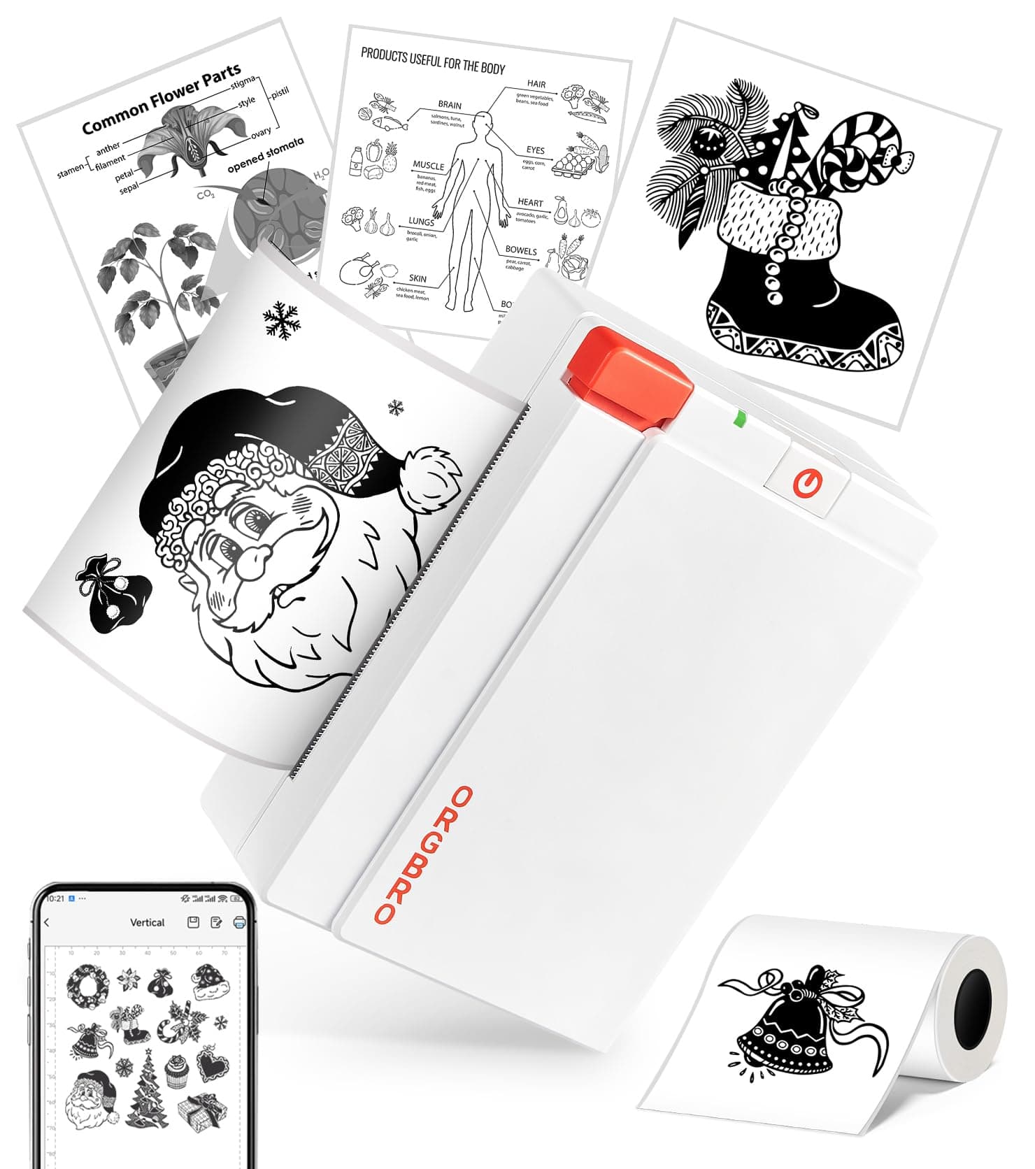 ORGBRO X3 Stampante Termica Bluetooth, Mini Stampante Portatile Senza Fili per Casa/Ufficio/Viaggi, Appunti, Foto, Etichette, Planner, 300DPI Stampante Adesivi per Smartphone - iOS/Android (Bianco)