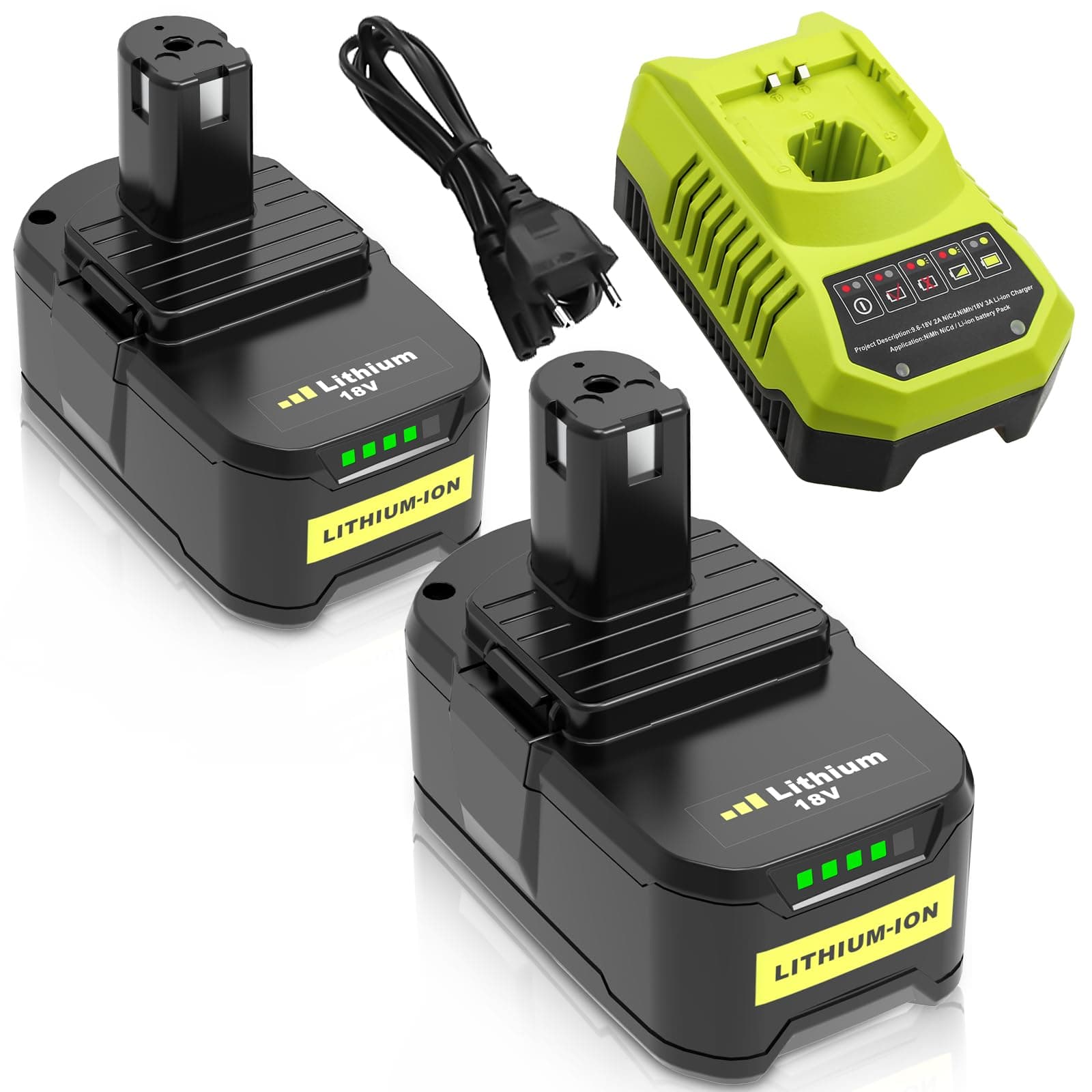 2 pièces 8000mAh Remplacement pour Ryobi Batterie 18V + Chargeur P117 pour P108 P107 P122 P104 P102 P105 RB18L50 RB18L40 RB18L25 RB18L15 RB18L13