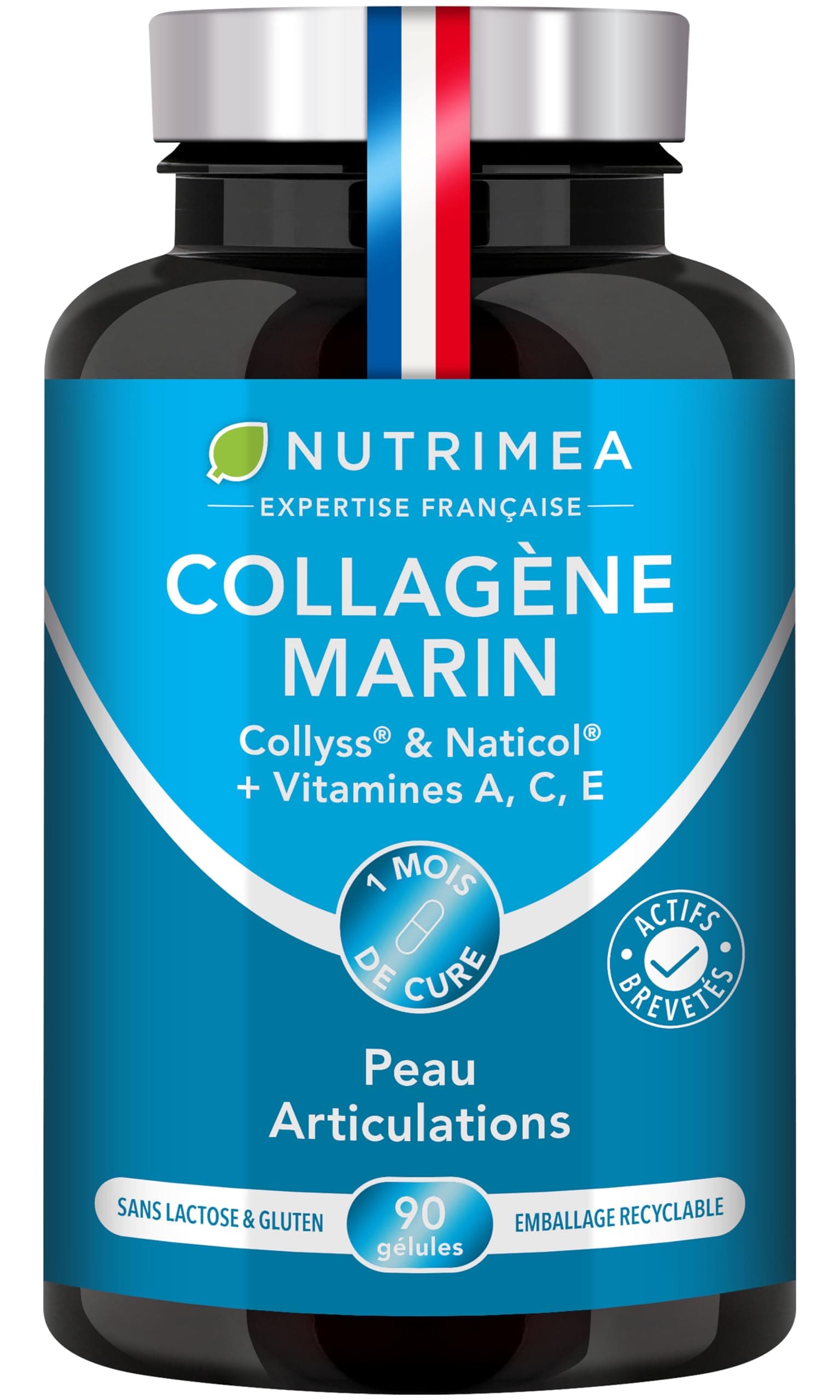 COLLAGENE MARIN - Type 1 BREVETÉ Pur et Naturel - Vitamines A, C & E Végétales - Nutrimea - Hydratation de la Peau - Protège Os et Articulations - 900 mg - 90 Gélules - Fabriqué en France