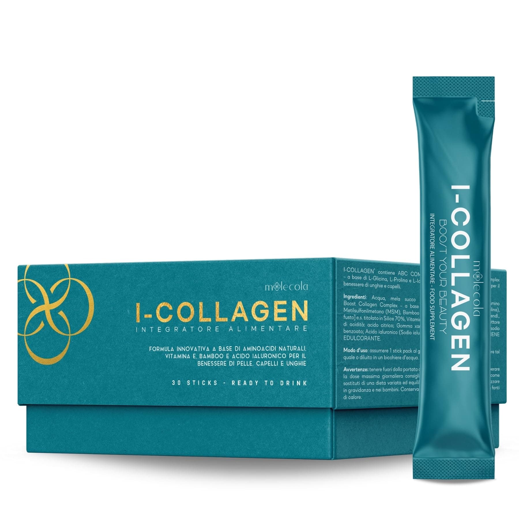 I-COLLAGEN - Integratore Collagene e Acido Ialuronico con Bamboo e Vitamina E per Capelli, Pelle e Articolazioni - Confezione 30 Stick di Collagene Vegano da Bere - MOOLECOLA