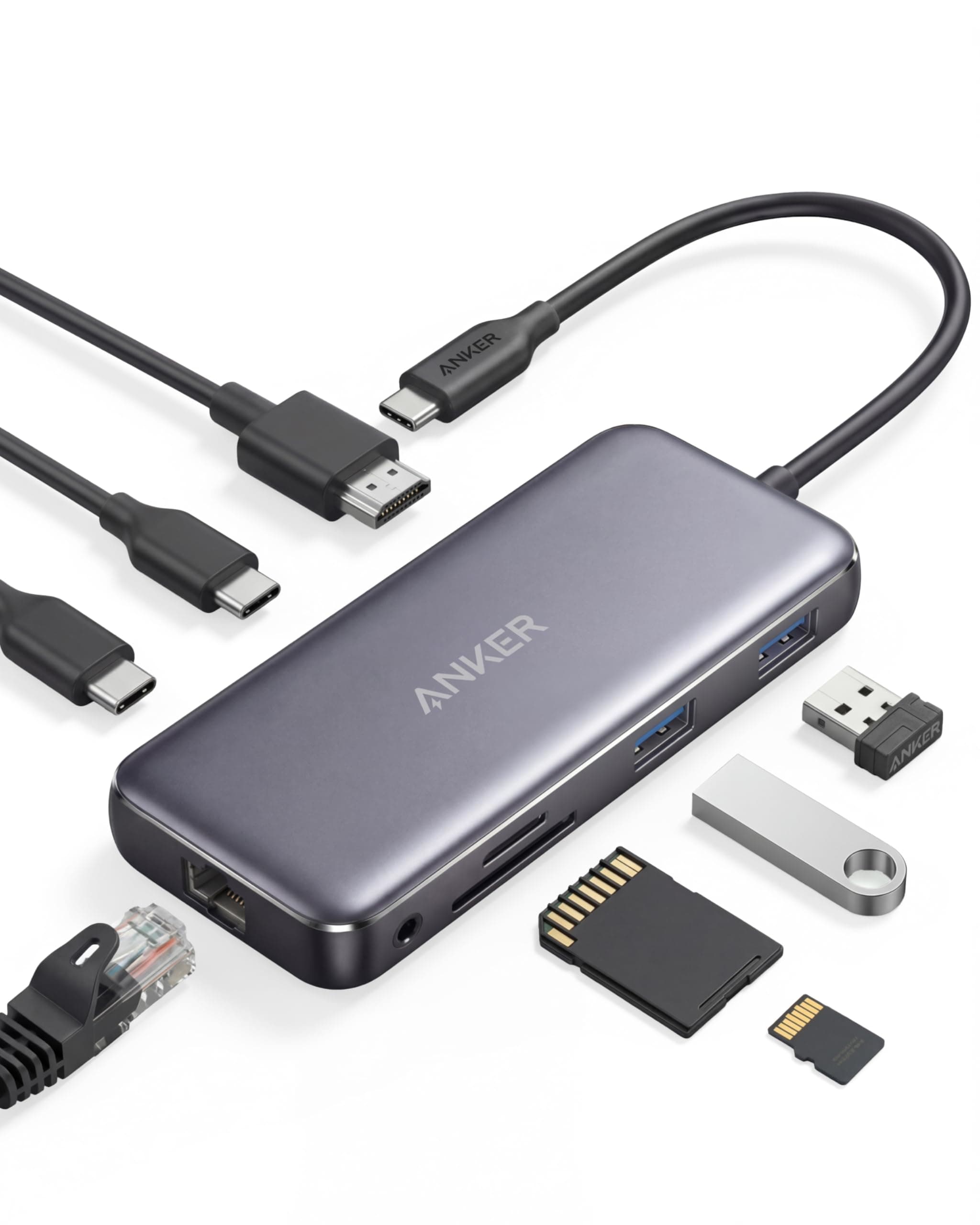 Anker 555 USB-C Docking Hub (8-in-1) PowerExpand Adapter, 85W Power Delivery, 4K 60Hz HDMI,10Gbps USB-C & 2 USB-A Datenports, Ethernet-Port, microSD & SD Speicherkartenleser, für MacBook Pro und mehr