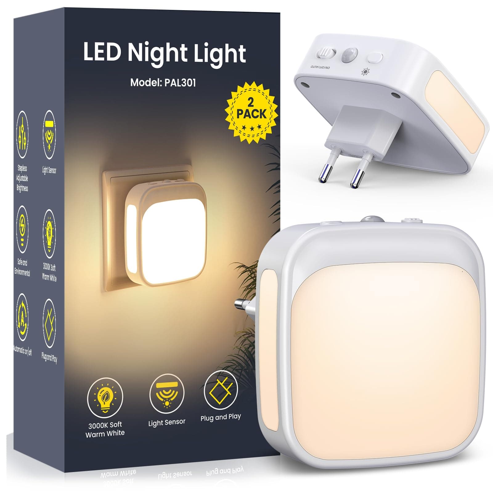 [2 Pezzi] Luce Notturna Bambini, Luce Notturna da Presa con Sensore Crepuscolare Auto, Luminosità Regolabile, Luci Notturne da Presa Bianco Caldo per Cameretta, Cucina, Corridoio, Bagno e Scale