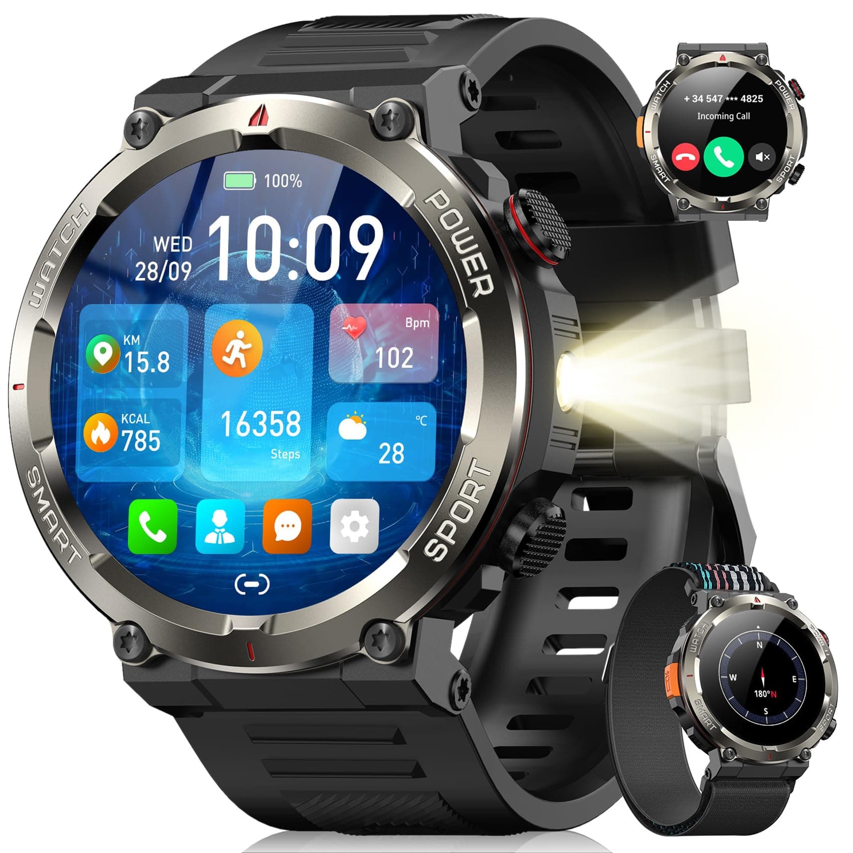 Blackview Smartwatch Herren, Beleuchtung, Kompass, IP68 Wasserdicht, 100 Tage Akku, 1,45'' Touchscreen, Bluetooth-Anruf, Herzfrequenz, Schlafanalyse, Sportuhr mit 100+ Sportmodi, Uhr für Android/iOS