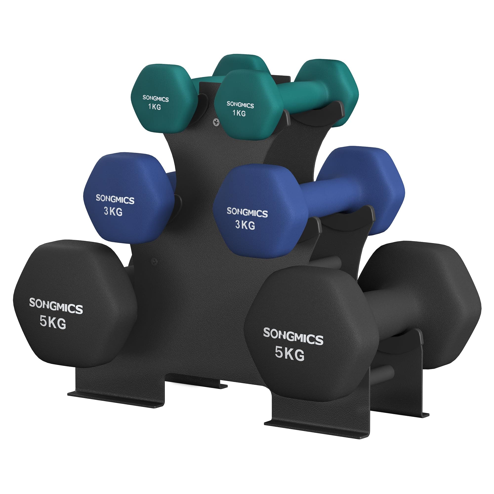 SONGMICS Hantel-Set, 3 Paar, 1kg-3kg，9kg oder 12kg, Aufbewahrung, Fitnessstudio, Krafttraining, rutschfeste Neopren-Beschichtung