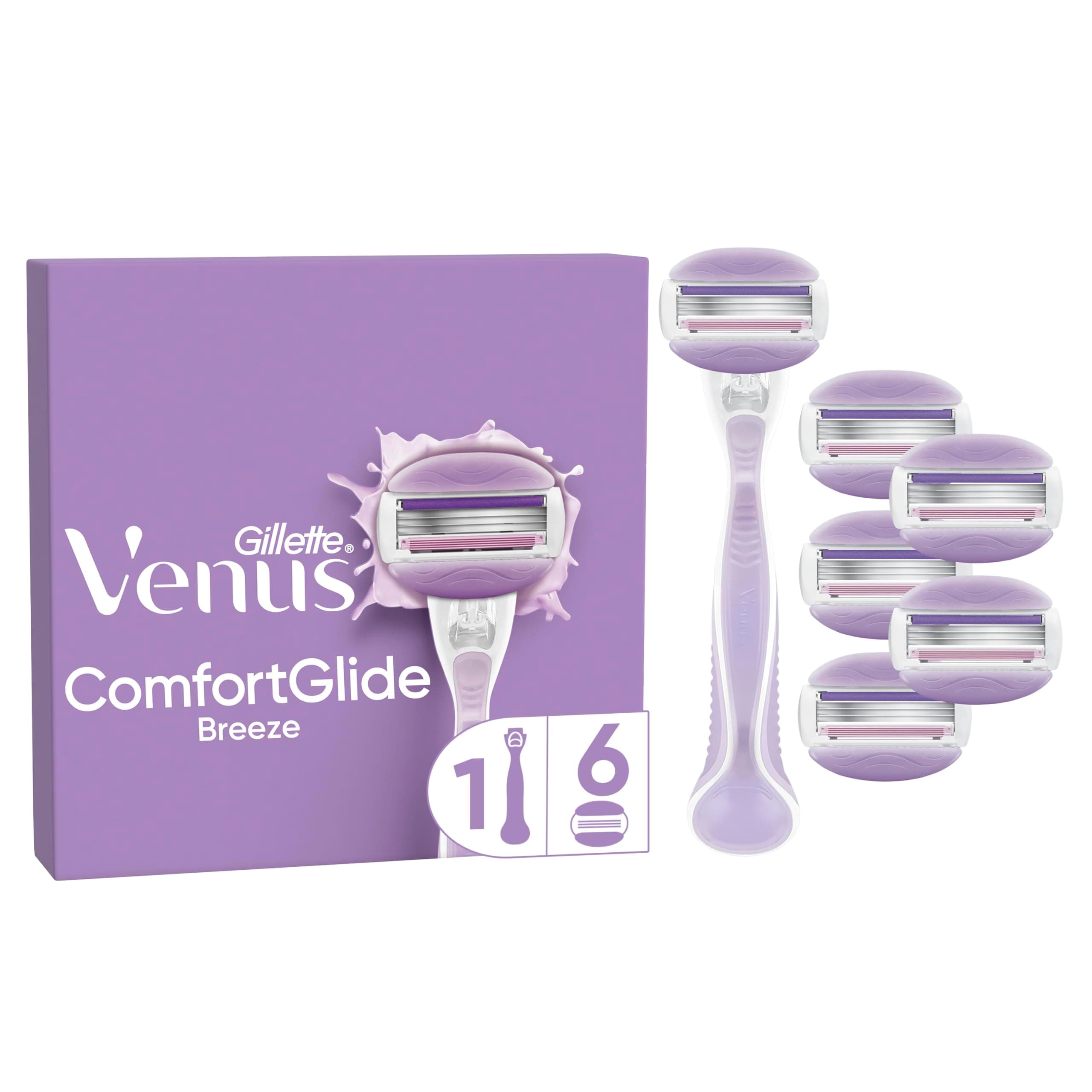 Gillette Venus ComfortGlide Breeze Rasoio Donna Con 6 Lamette Di Ricambio, Manico In Metallo Riutilizzabile E Supporto Per Doccia, Per Una Rasatura Liscia E Profonda Che Dura
