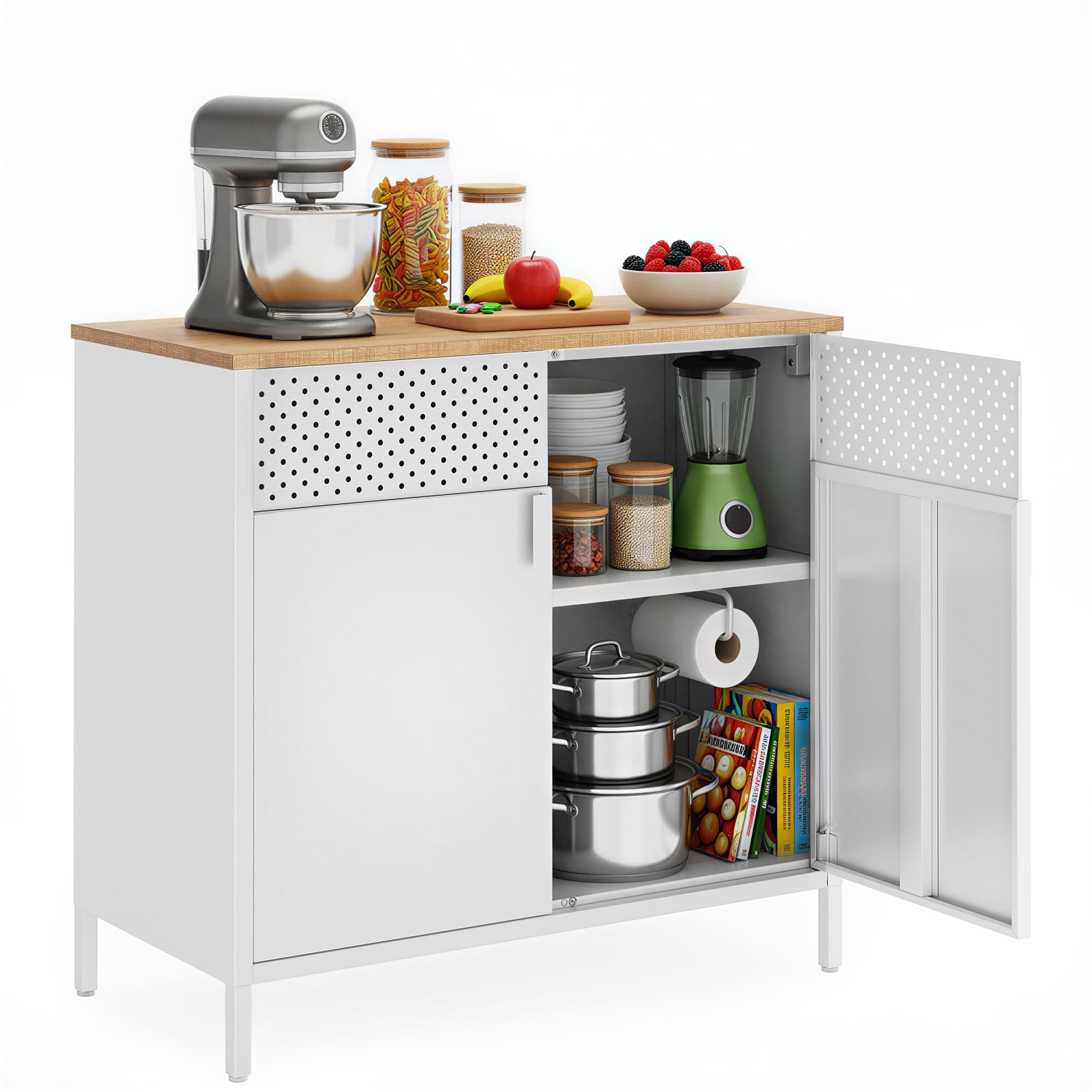 SONGMICS Armario de Almacenamiento, Aparador de Metal, Doble Puerta Magnética, Estante Ajustable, Marco de Acero, 40 x 80 x 76 cm, Beige Natural y Blanco LSC102W57