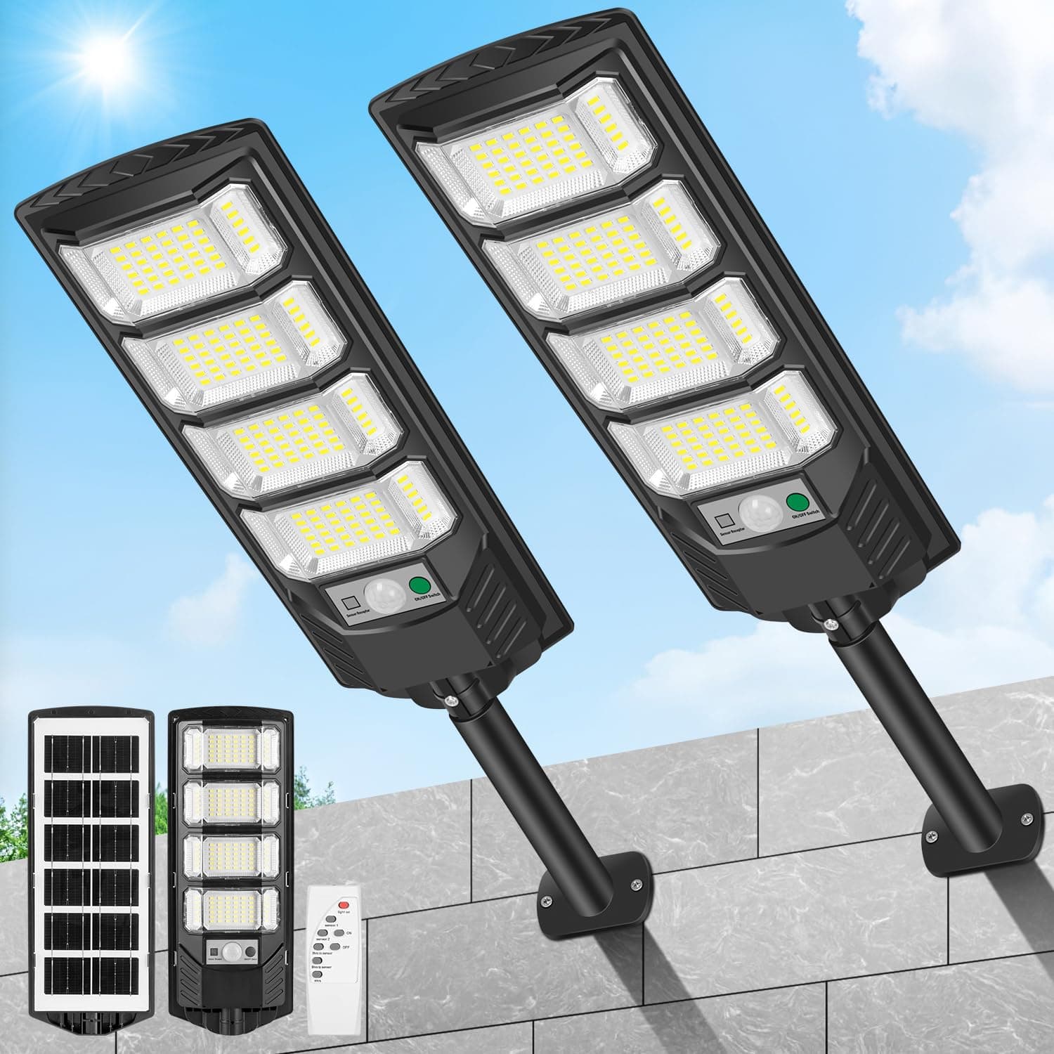 LEKIA Farola Solares Exterior, 2 Unidades Potente 192 LED Farolillos Solare con Sensor de Movimiento, Mando a Distancia, 320° 6500K Luces Solares LED Luz Solar Exterior para Jardin, Garaje, Camino